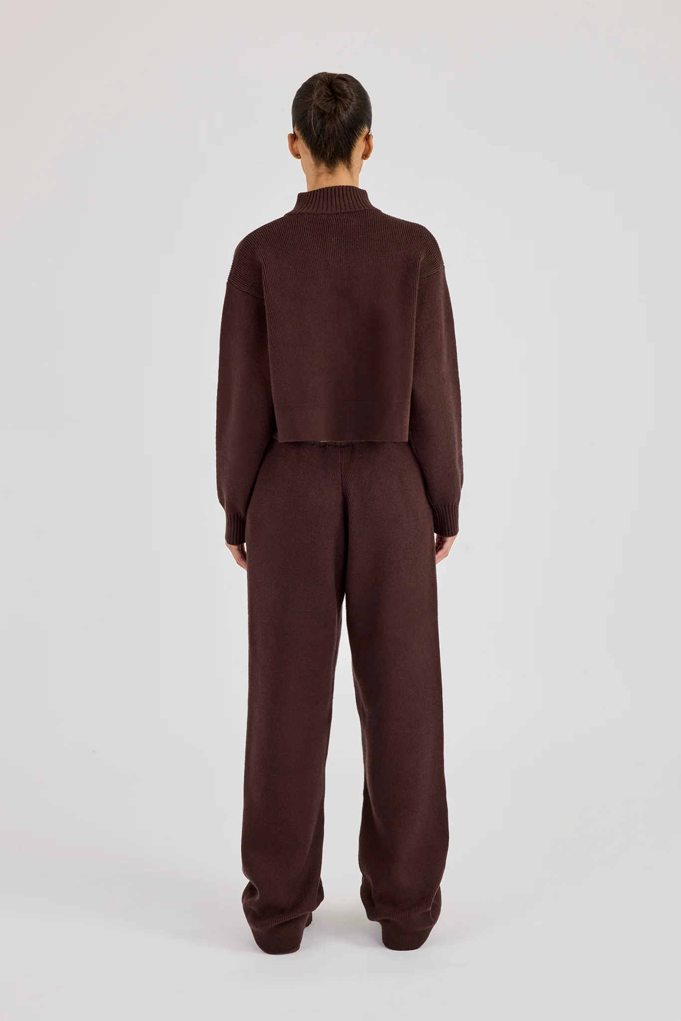 Rib Knit Zip Cropped Funnel Neck & Jogger - Brown - Image 4