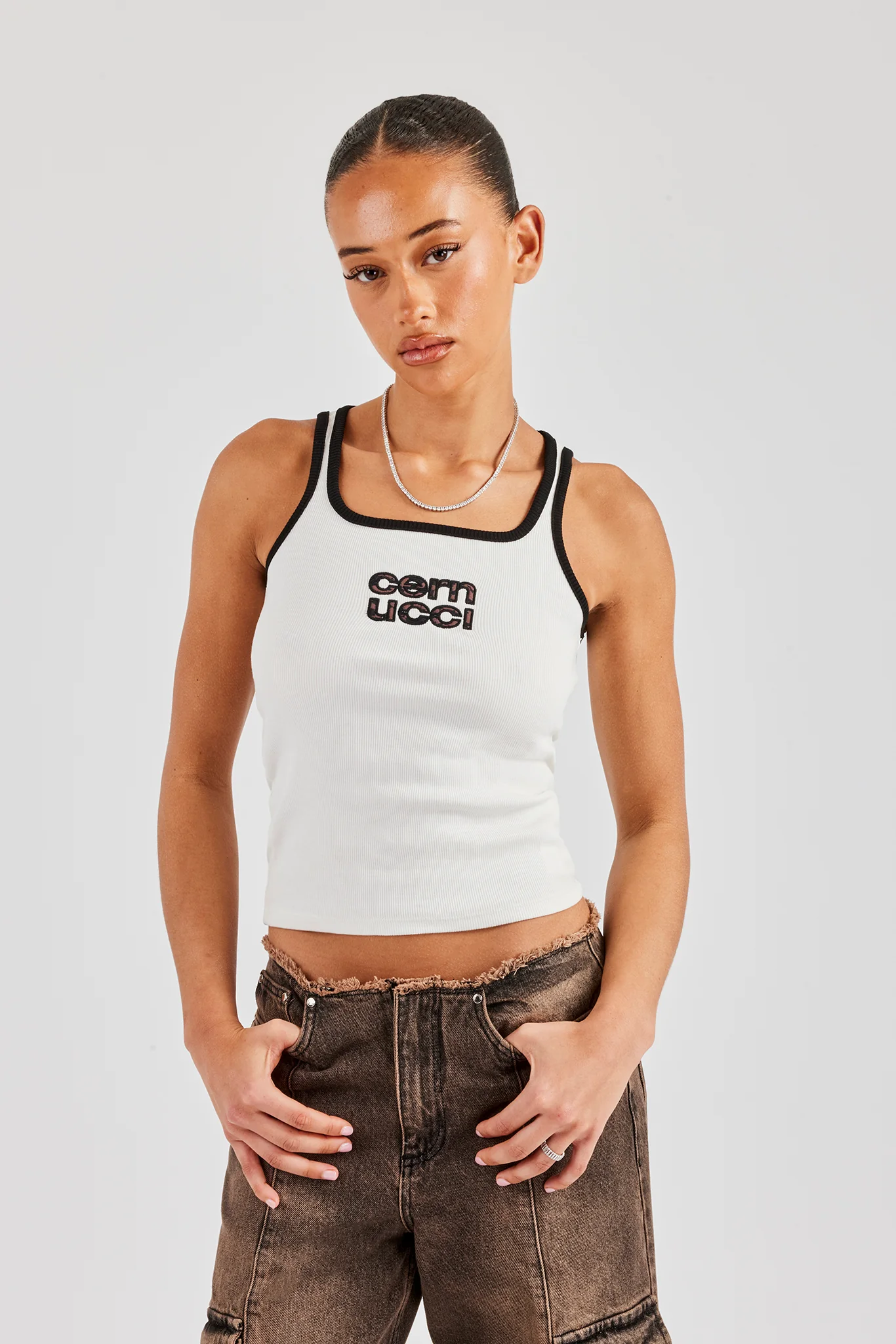Rib Leopard Applique Vest Top - White