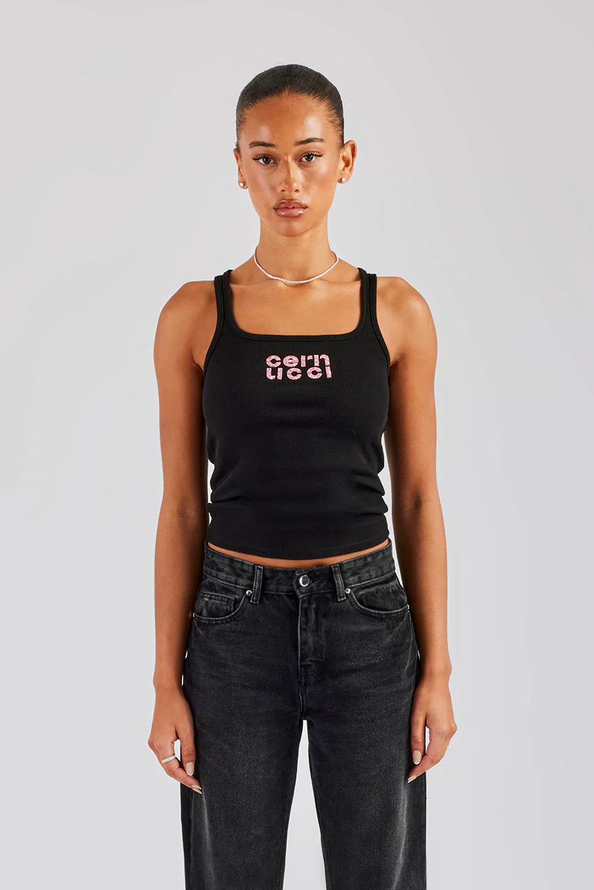 Rib Pink Glitter Applique Vest Top - Black - Image 4