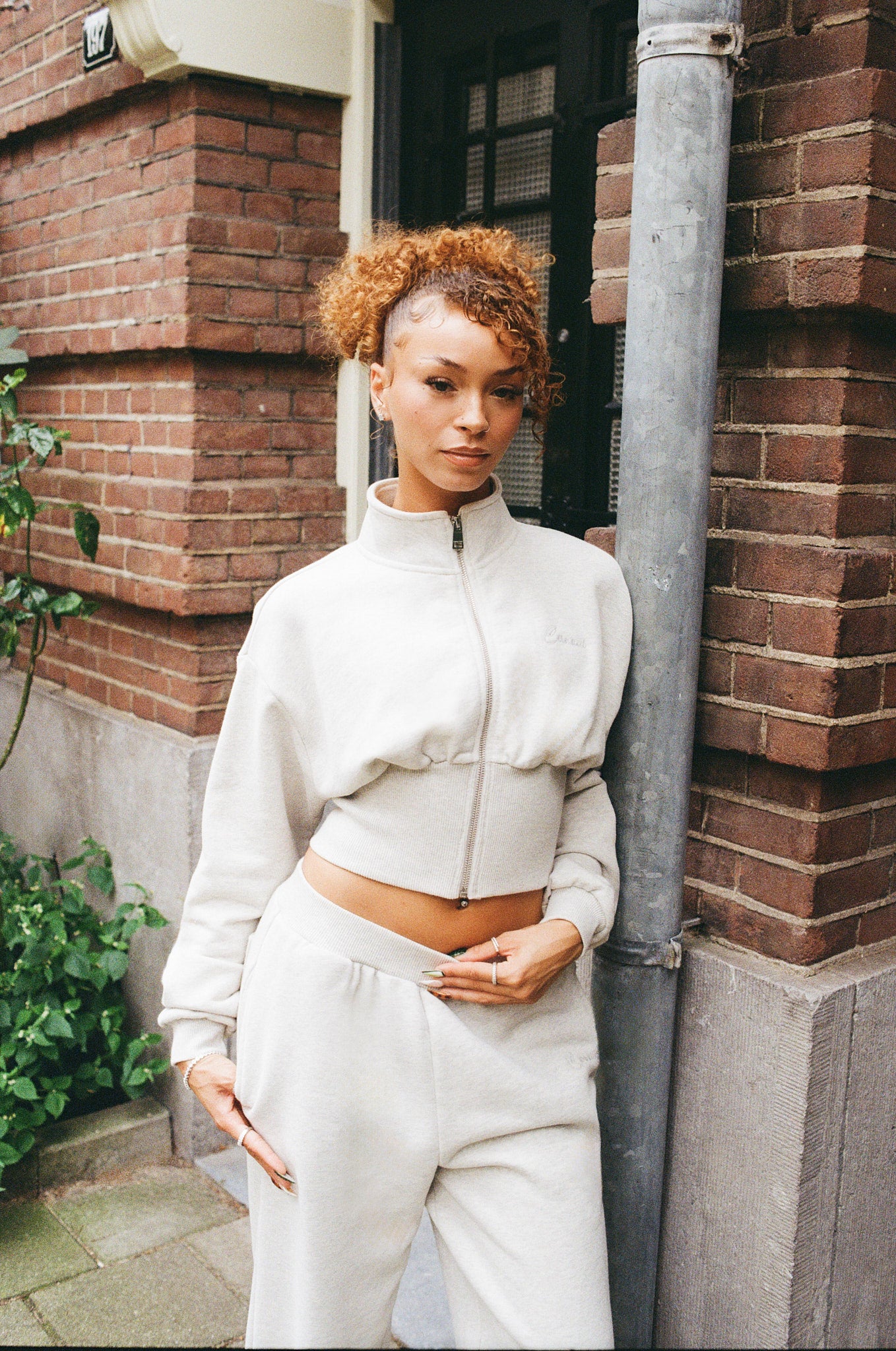 Rib Zip Through Funnel Neck Sweat - Ash Grey - Image 2