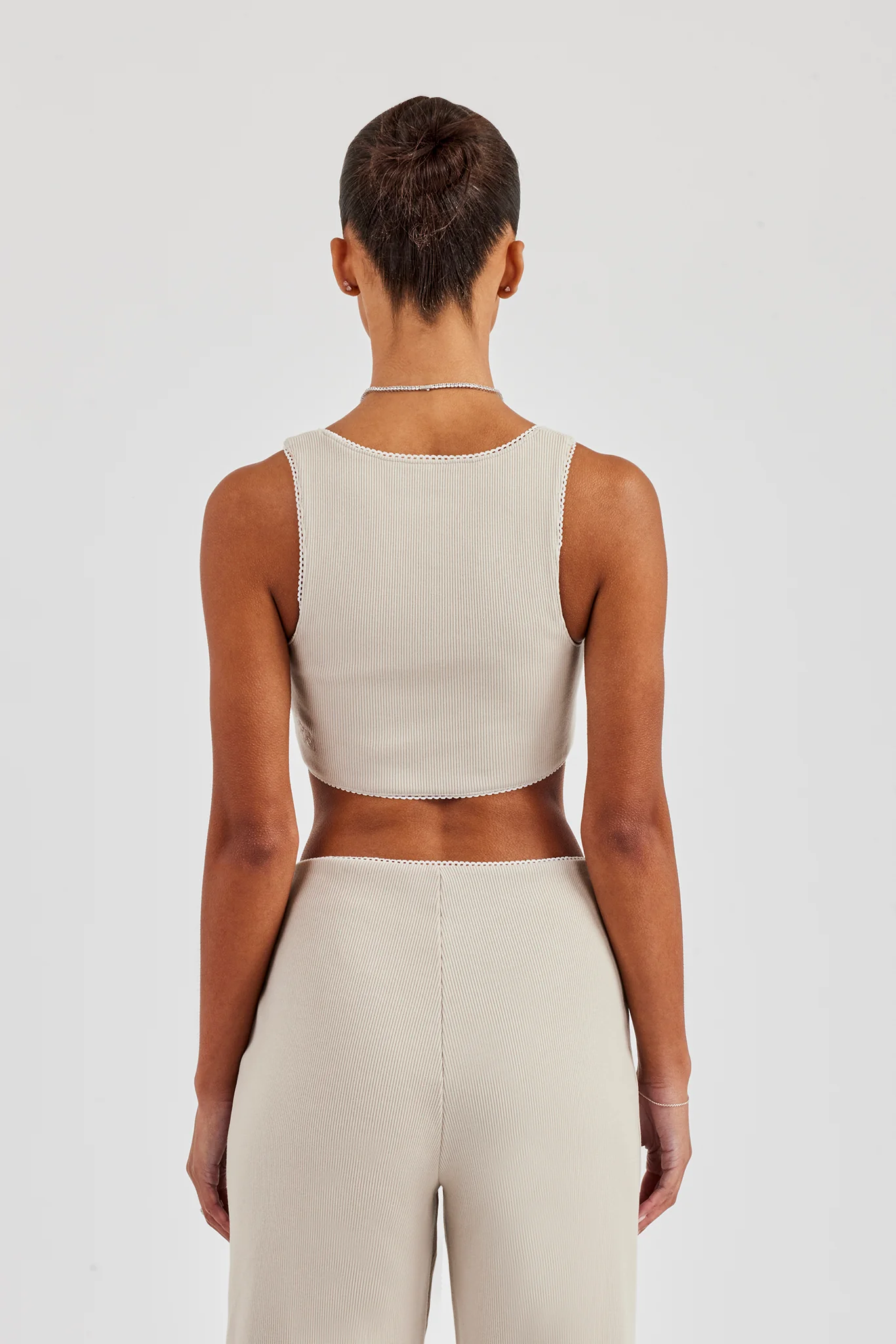 Ribbed Cropped Tank Top with Trim Detail - Stone - Image 2