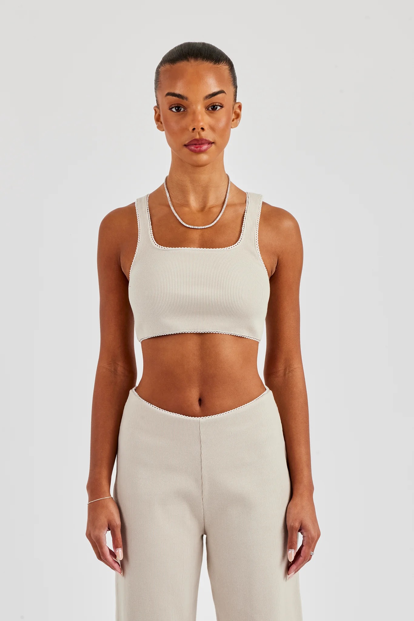 Ribbed Cropped Tank Top with Trim Detail - Stone - Image 4