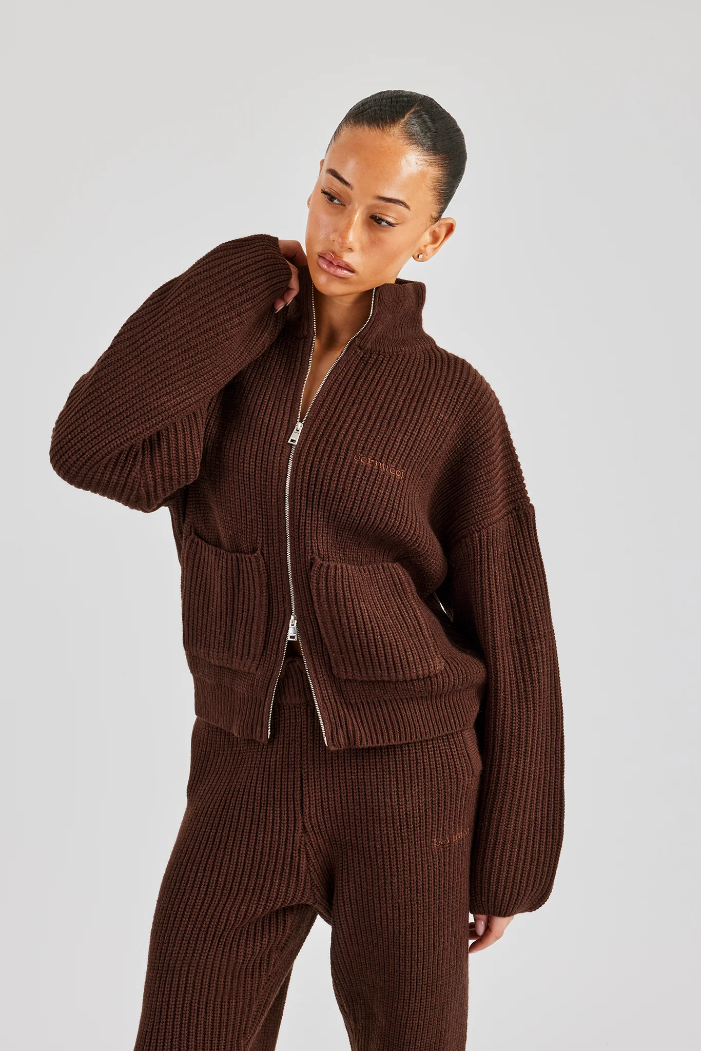 Ribbed Knitted Funnel Neck - Chocolate - Image 3