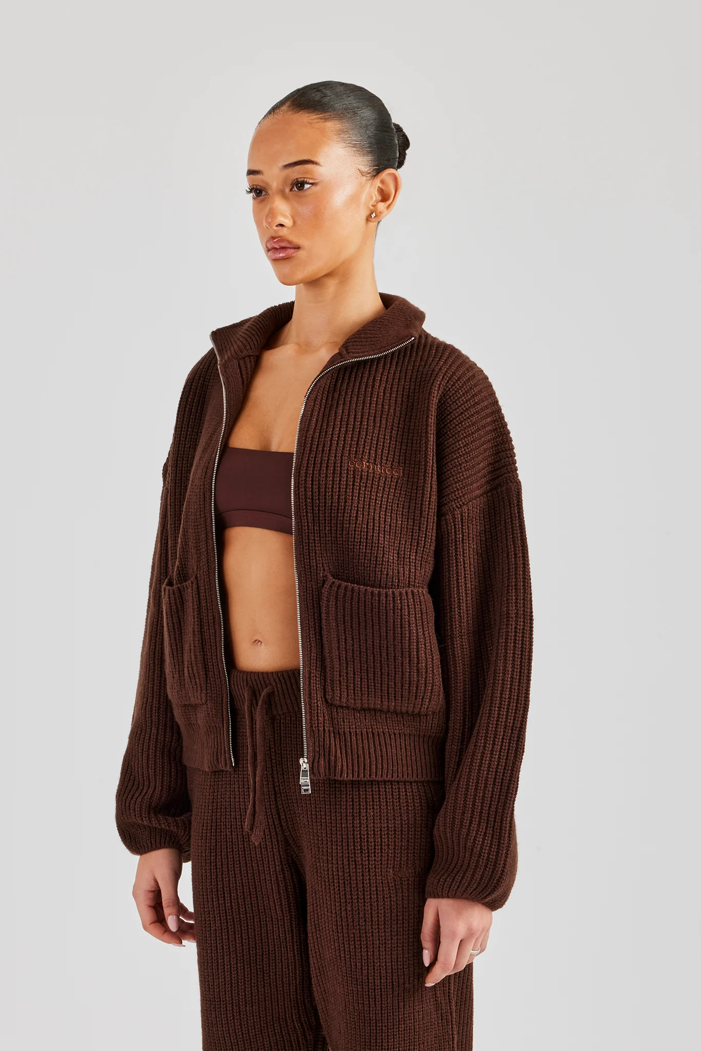 Ribbed Knitted Funnel Neck - Chocolate - Image 4