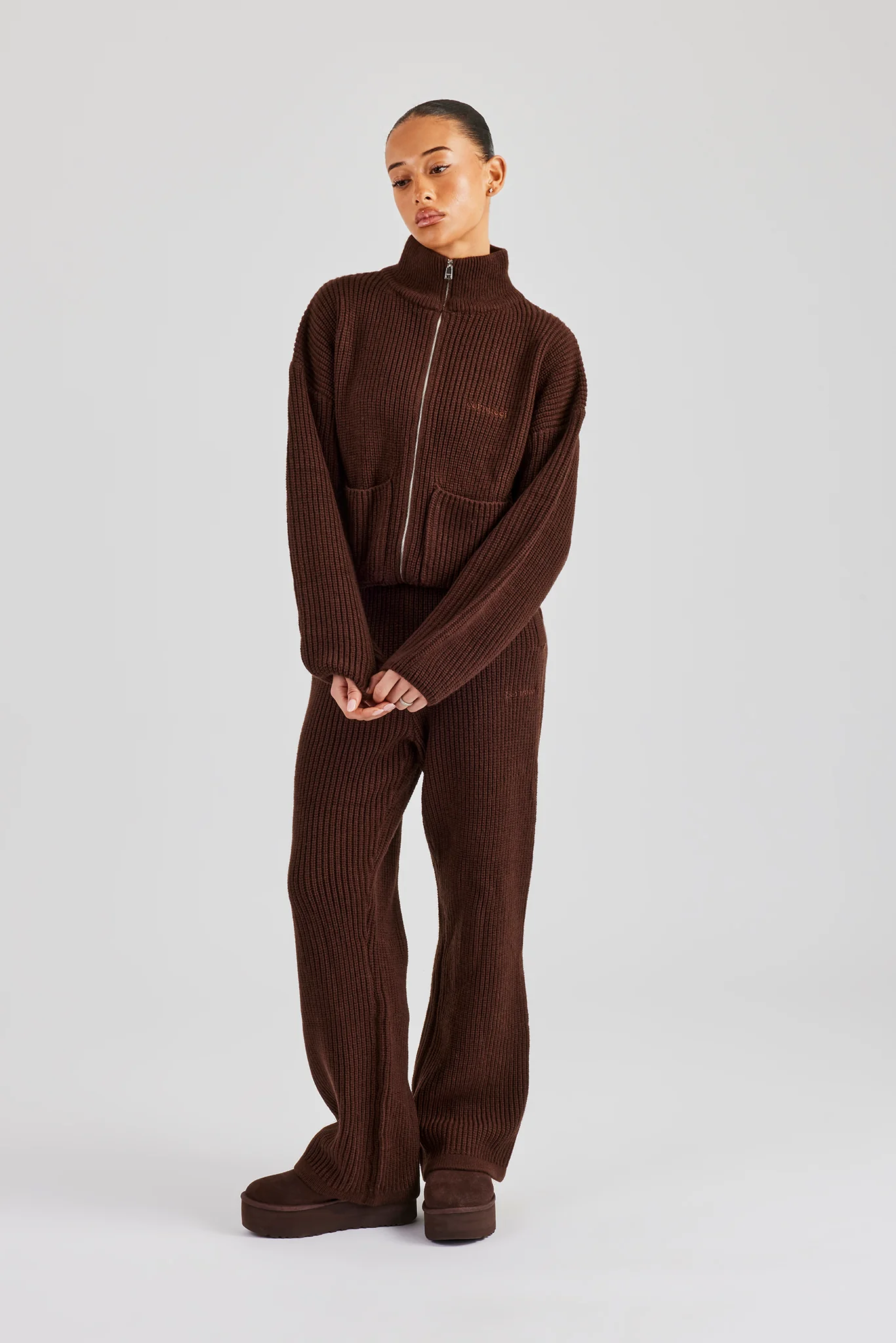 Ribbed Knitted Funnel Neck Sweater & Straight Leg Jogger - Chocolate - Image 2