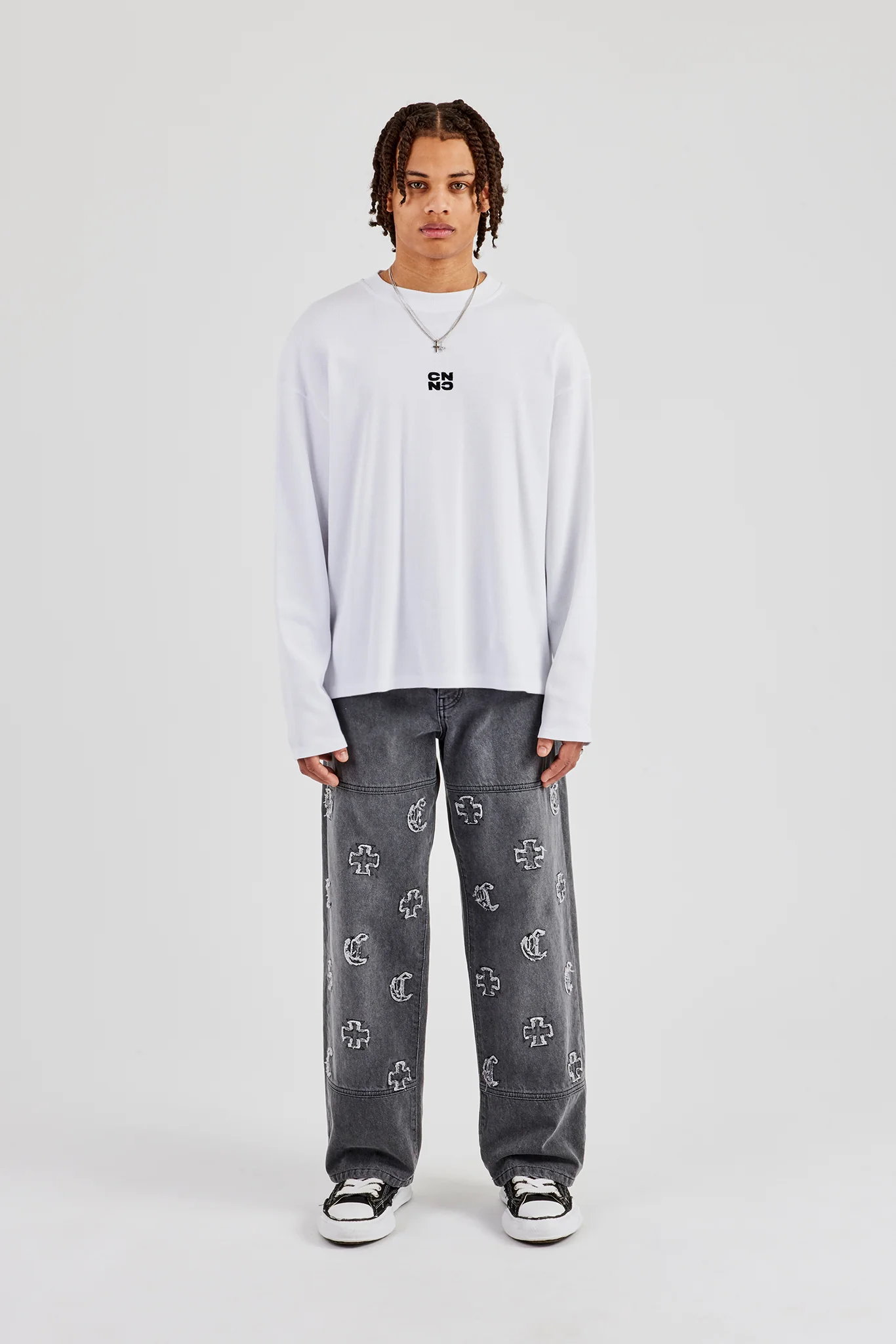 Ribbed Long Sleeve Embroidered T-Shirt - White - Image 4