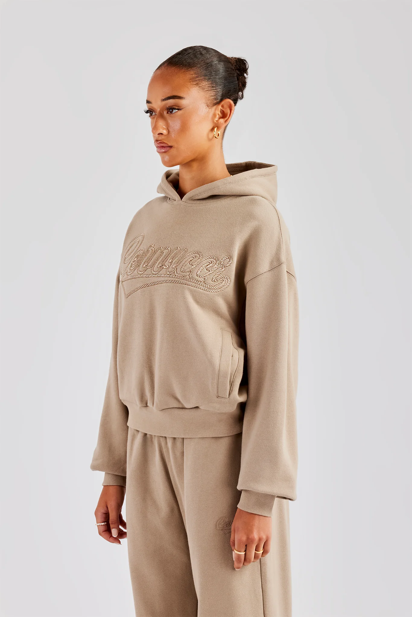 Rope Embroidery Oversized Hoodie - Taupe - Image 2