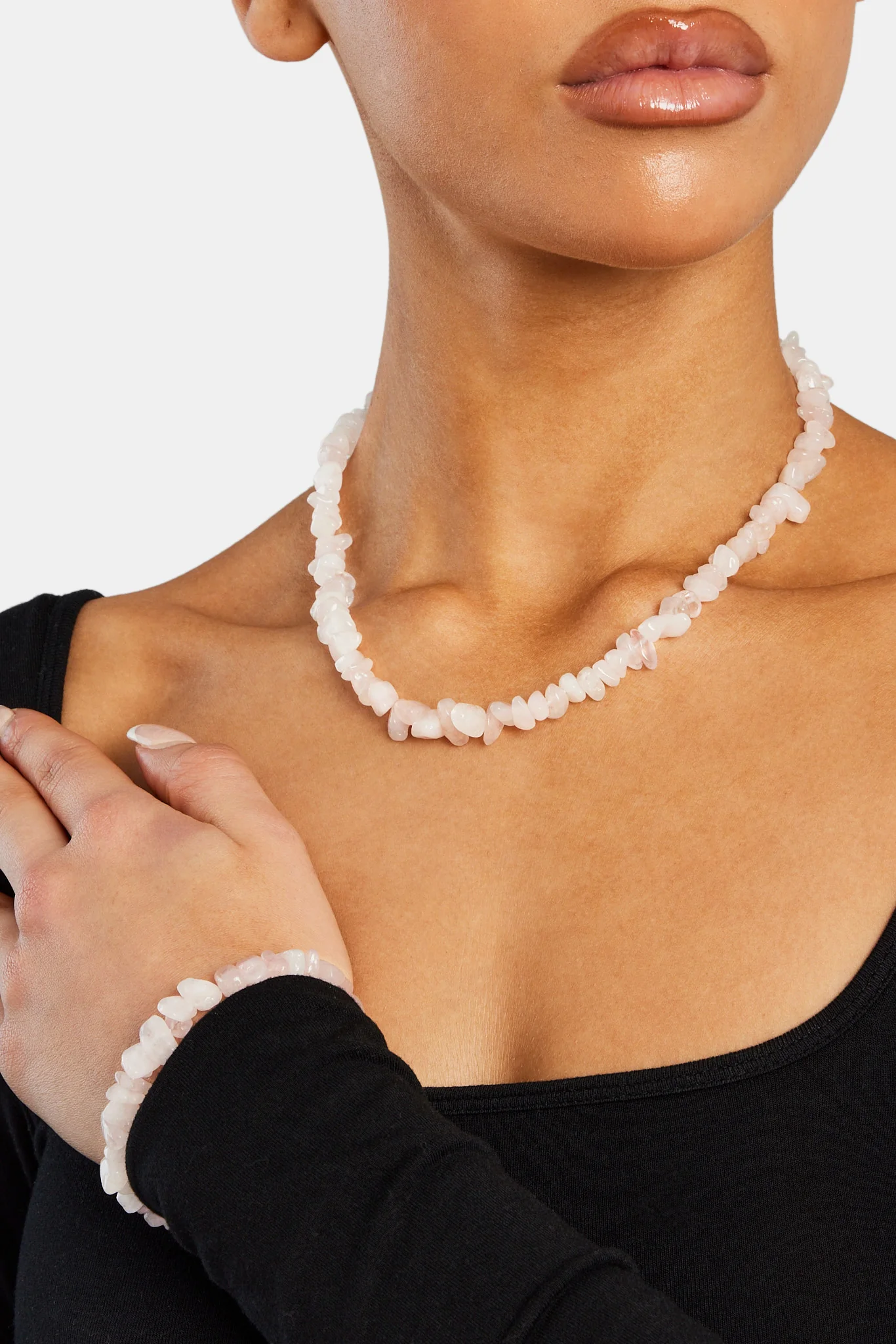 Rose Quartz Shard Bead Necklace - White - 6mm - Image 5