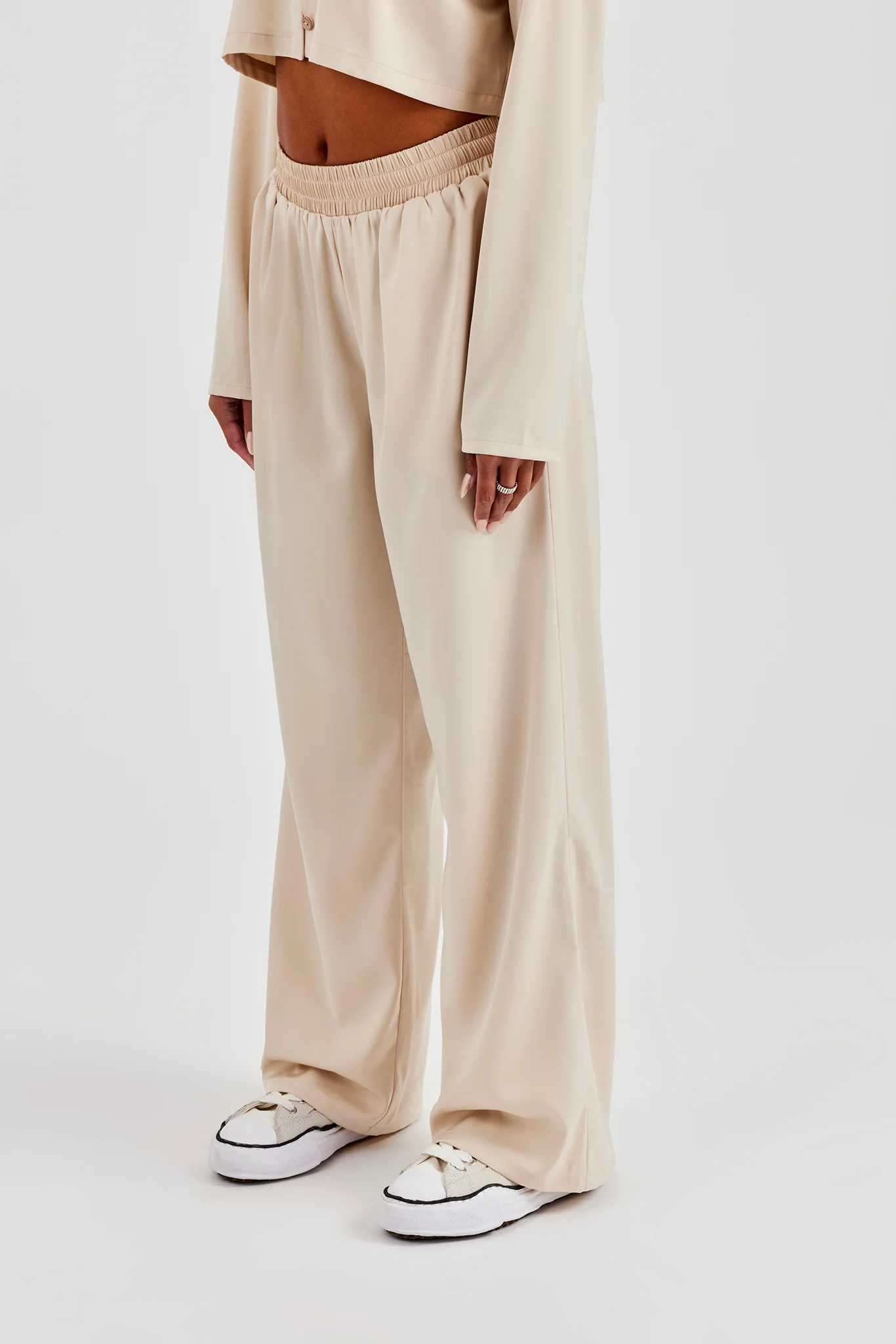 Satin Wide Leg Trouser - Beige - Image 5