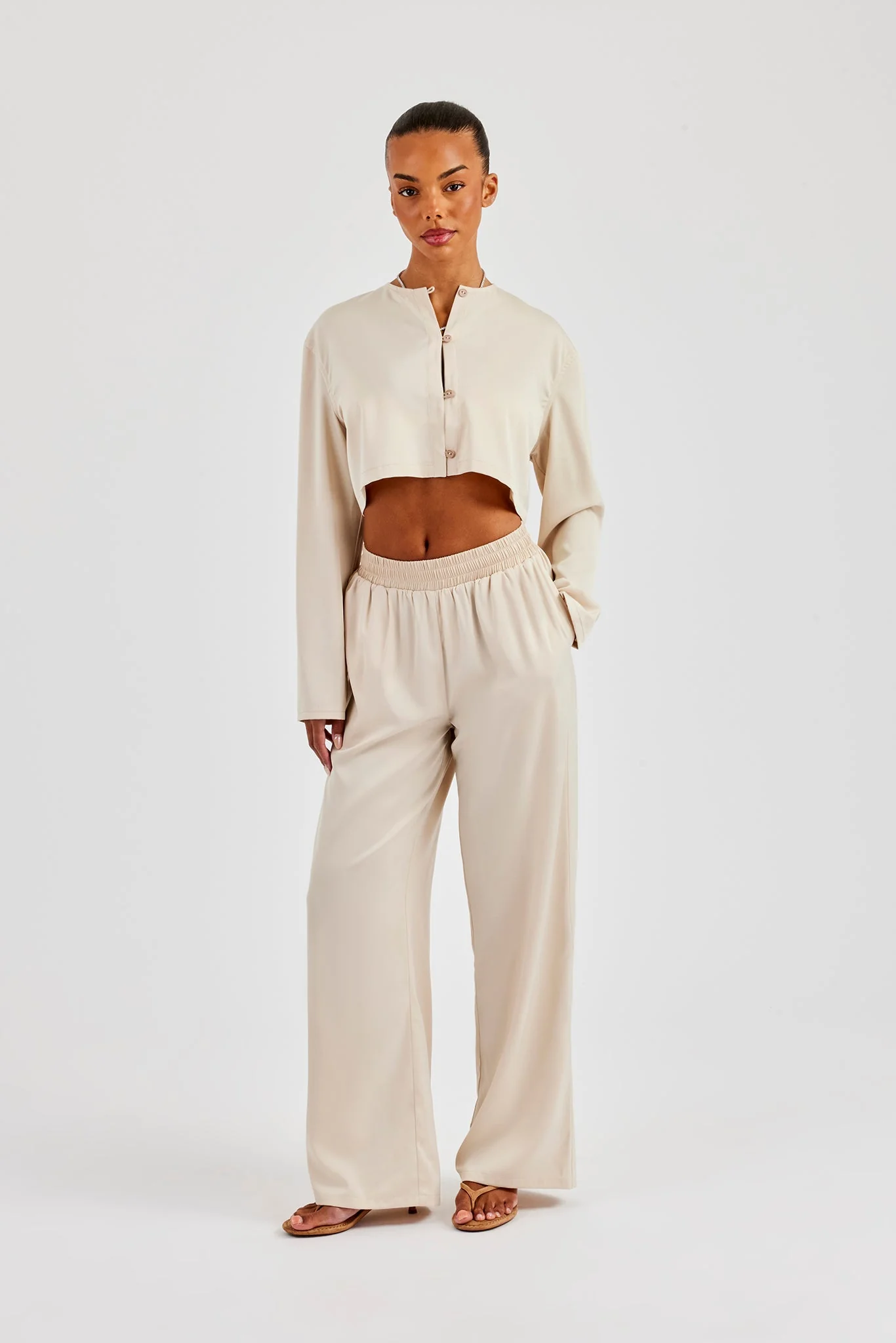 Satin Wide Leg Trouser - Beige - Image 6