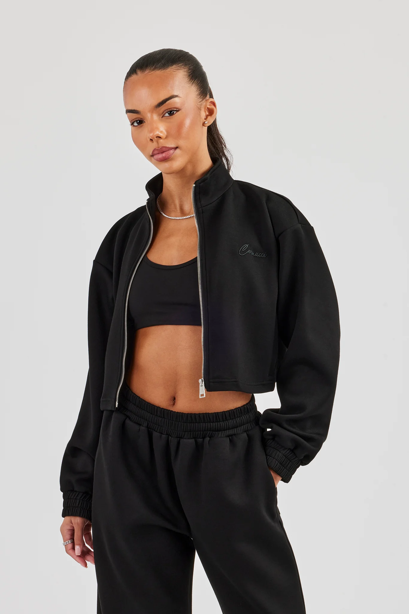 Scuba Funnel Neck Crop Jacket - Black - Image 2