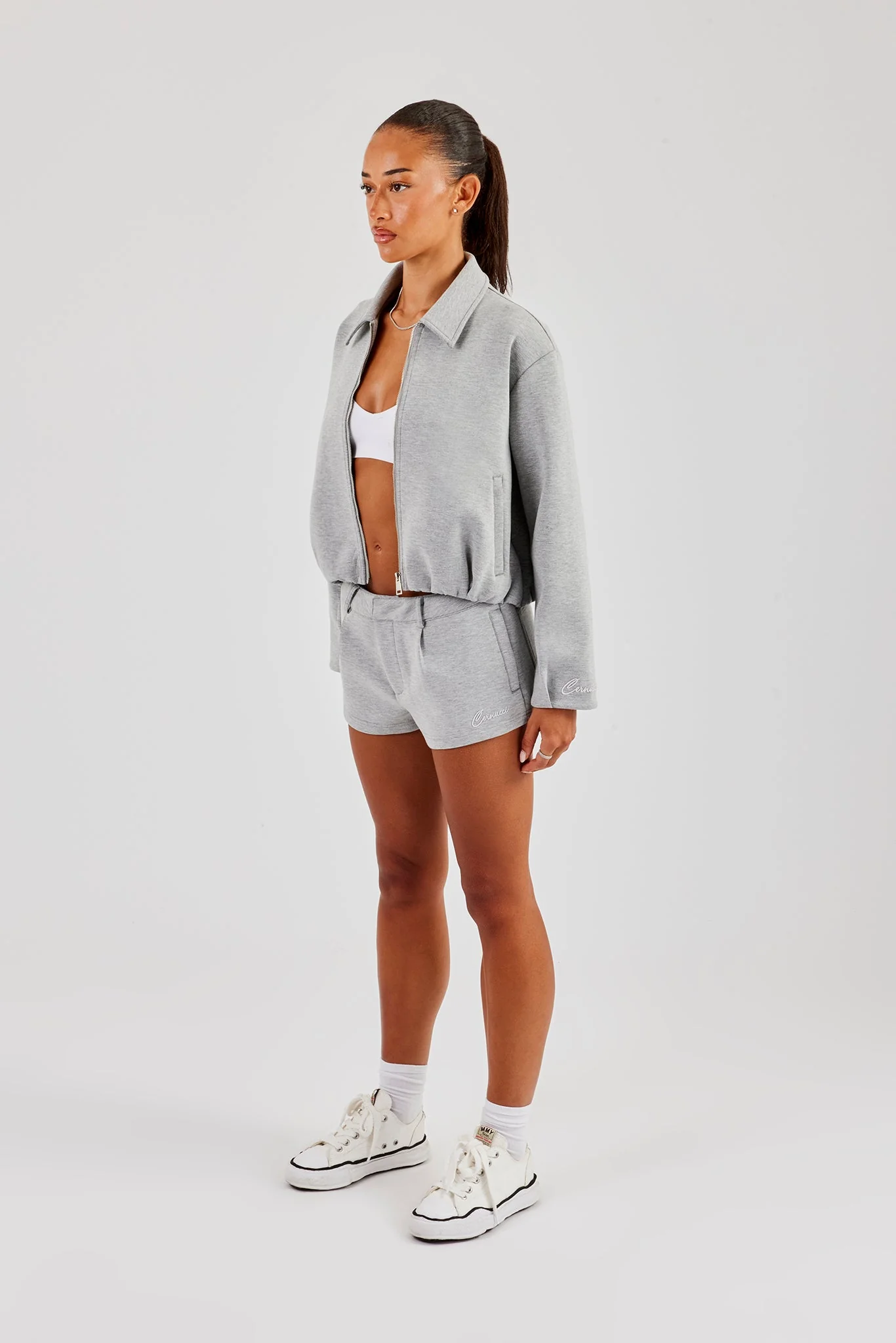 Scuba Funnel Neck Crop Jacket & Short - Grey - Image 3