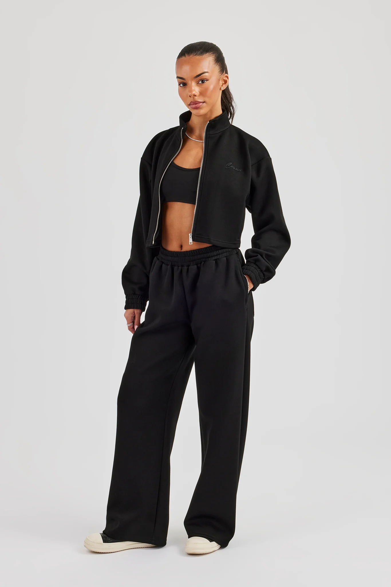Scuba Funnel Neck Crop Jacket & Wide Leg Jogger - Black - Image 2