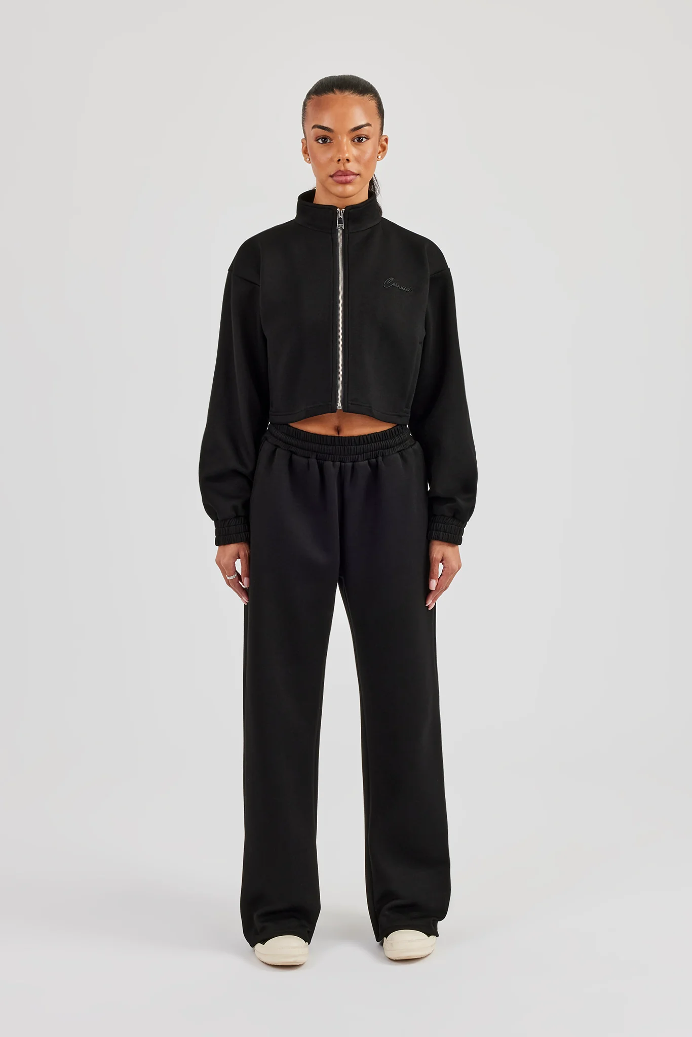 Scuba Funnel Neck Crop Jacket & Wide Leg Jogger - Black - Image 3