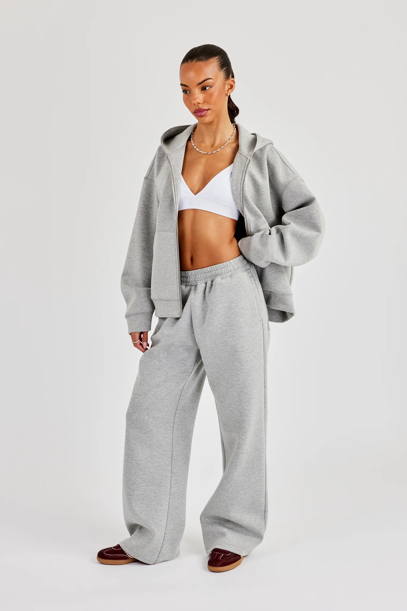 Scuba Oversized Zip Through Hoodie & Wide Leg Jogger - Grey