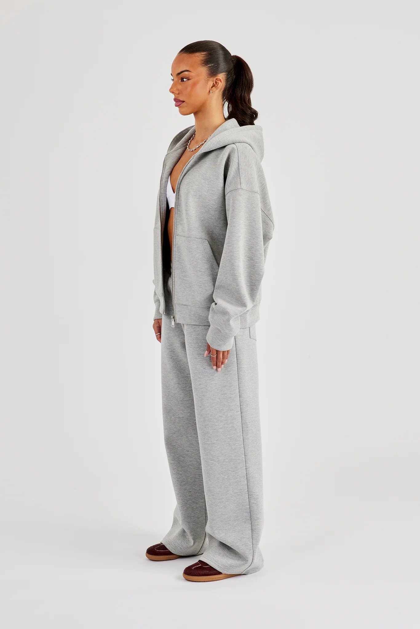 Scuba Oversized Zip Through Hoodie & Wide Leg Jogger - Grey - Image 3