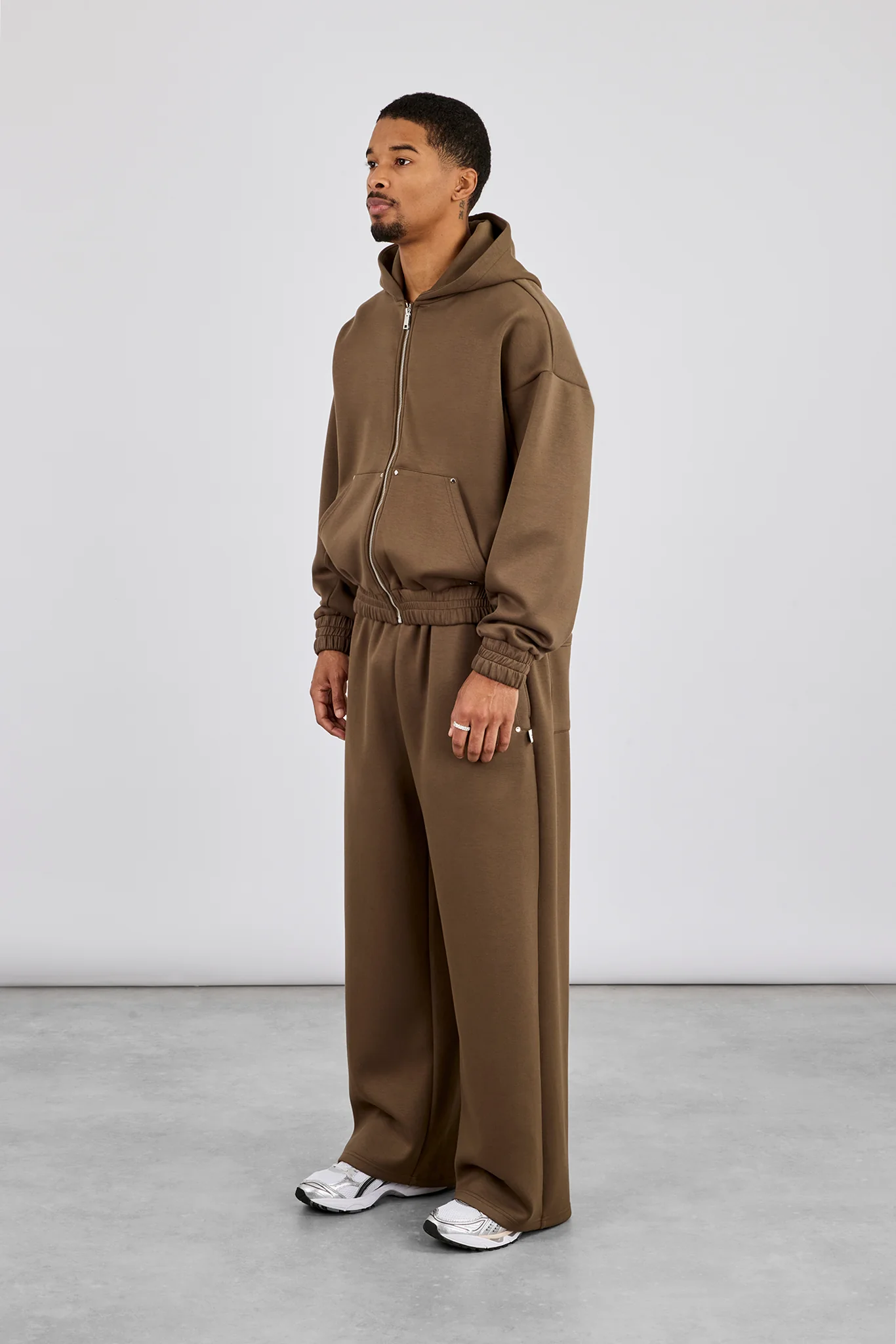 Scuba Zip Hoodie & Baggy Jogger With Woven Tab - Khaki - Image 2