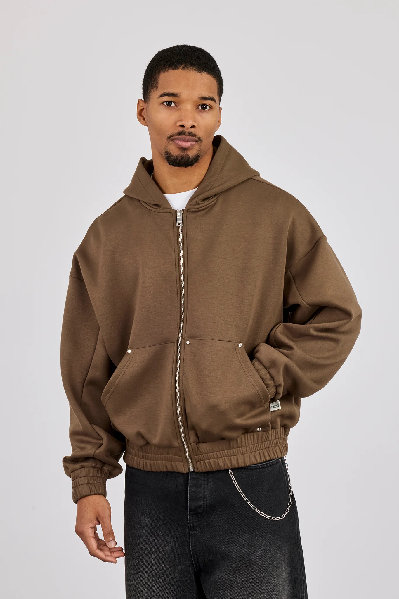 Scuba Zip Hoodie With Woven Tab - Khaki