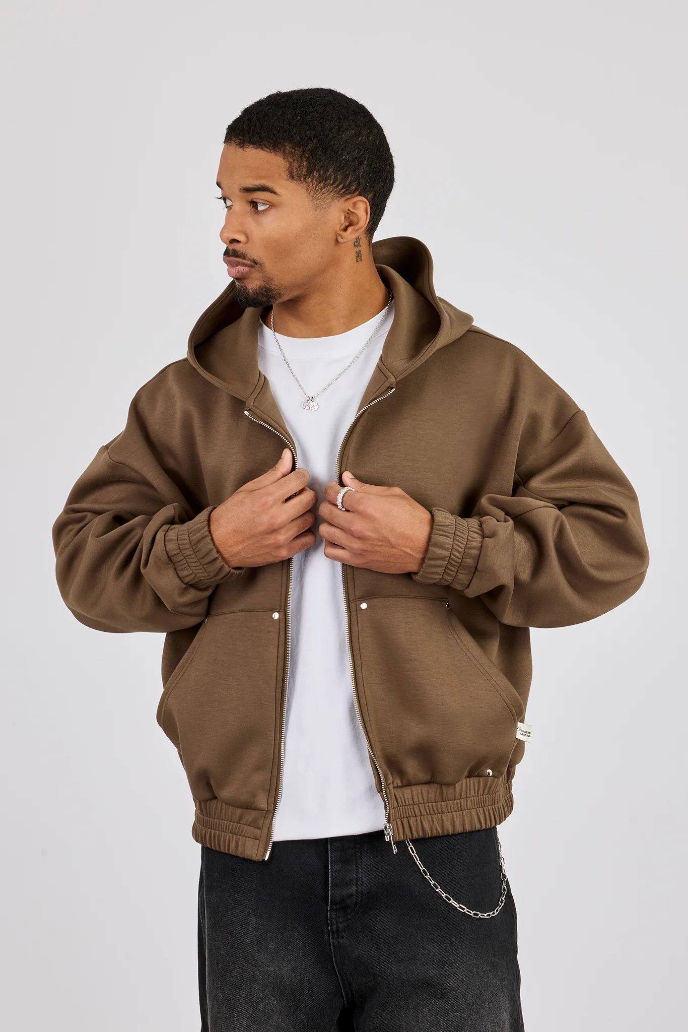 Scuba Zip Hoodie With Woven Tab - Khaki - Image 4