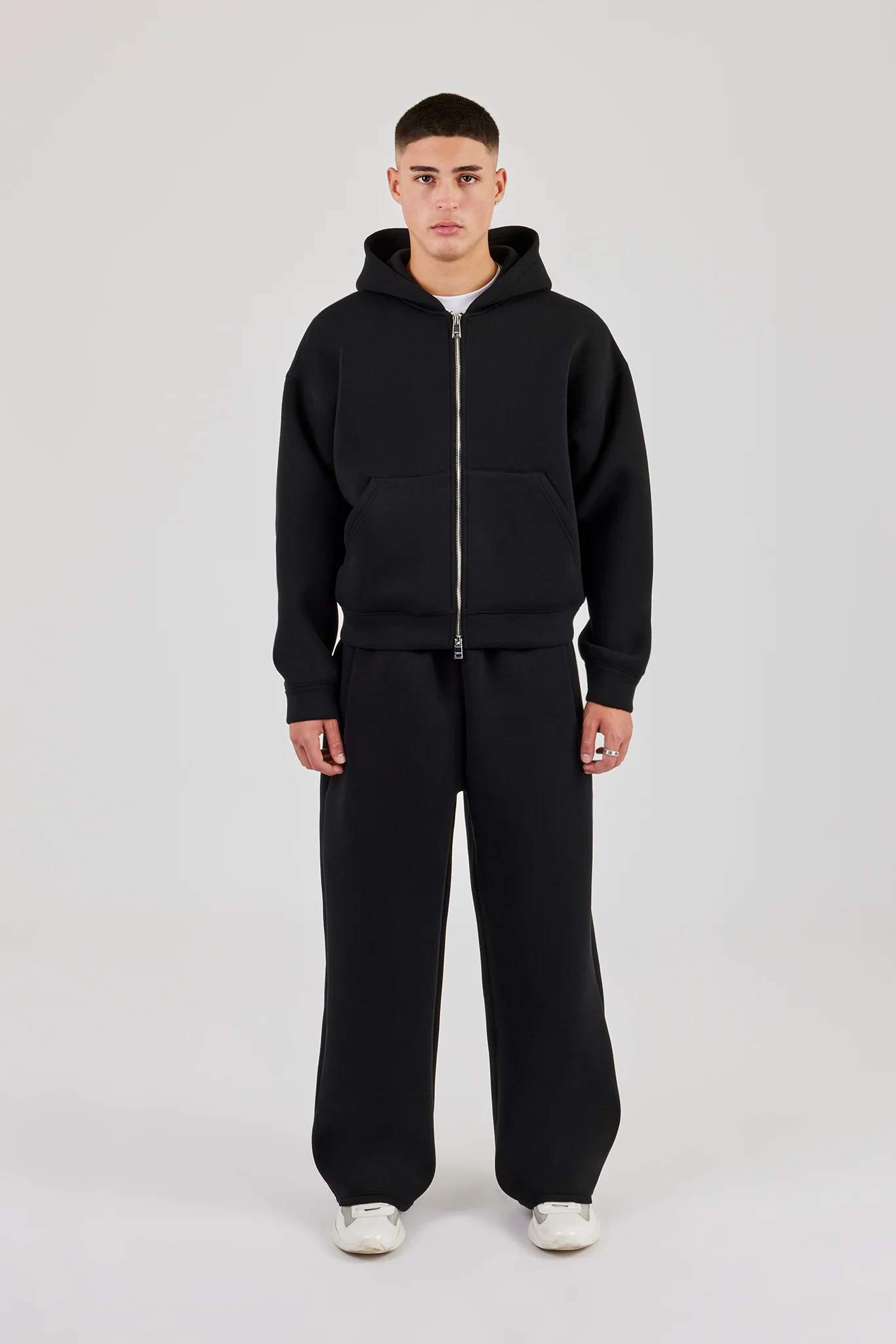 Scuba Zip Through Boxy Hoodie & Baggy Fit Trouser - Black - Image 3