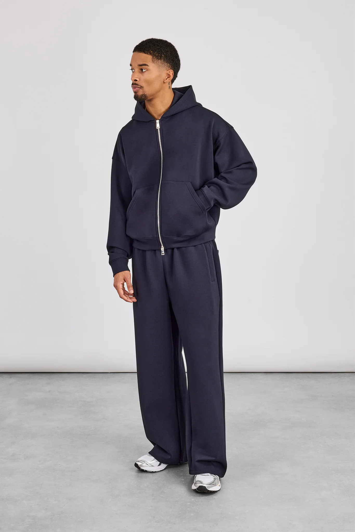 Scuba Zip Through Boxy Hoodie & Baggy Fit Trouser - Navy - Image 2