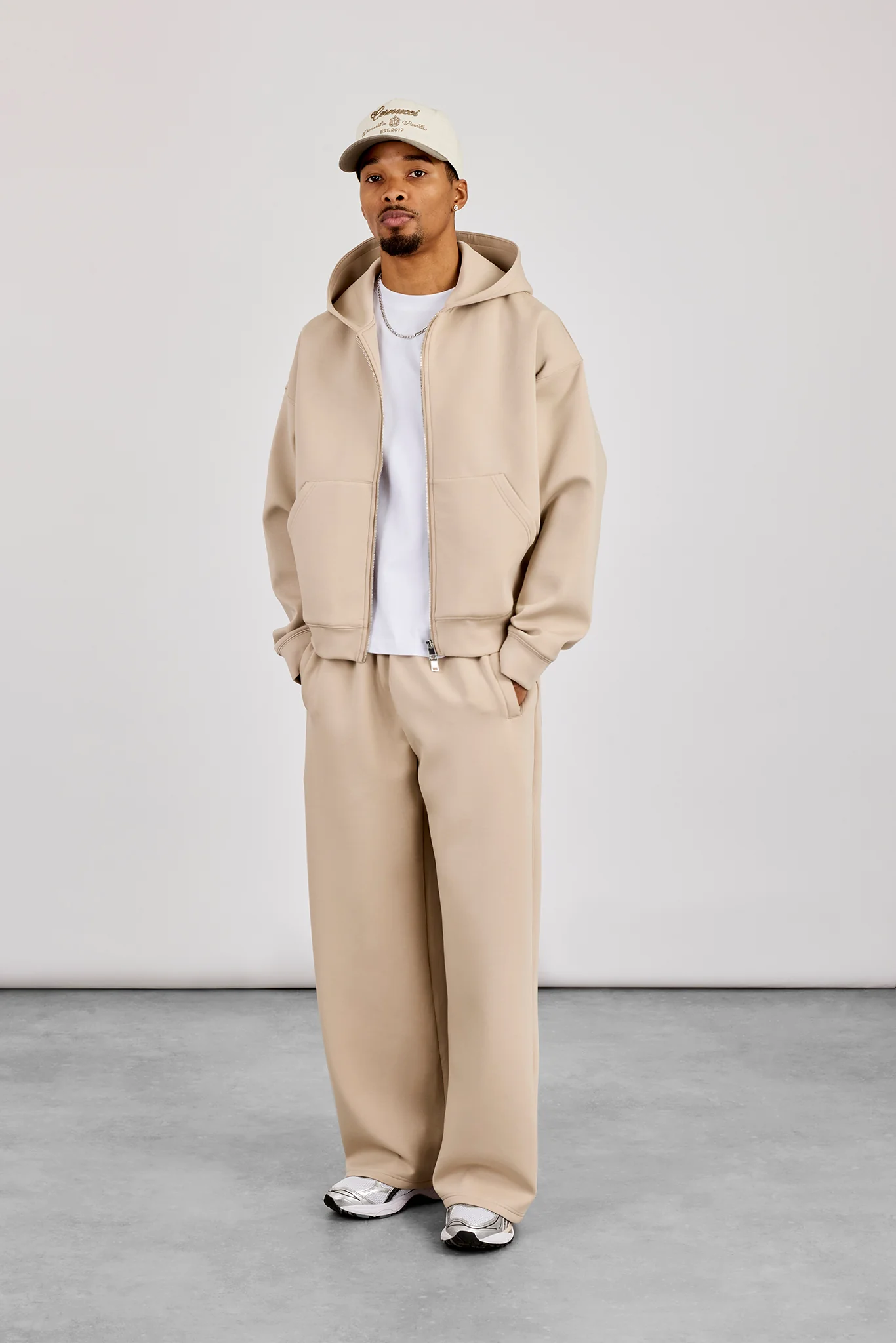 Scuba Zip Through Boxy Hoodie & Baggy Fit Trouser - Stone