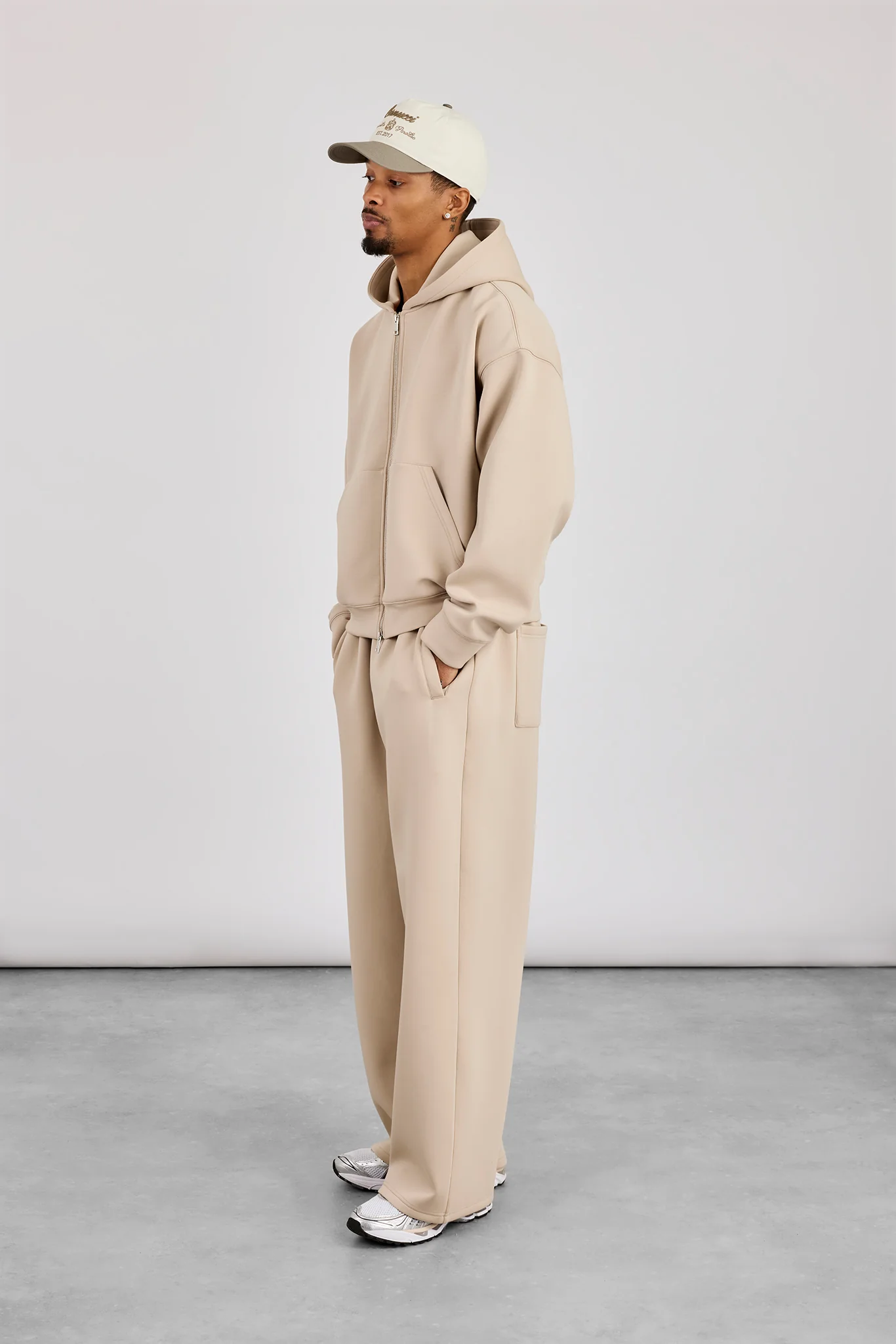 Scuba Zip Through Boxy Hoodie & Baggy Fit Trouser - Stone - Image 2