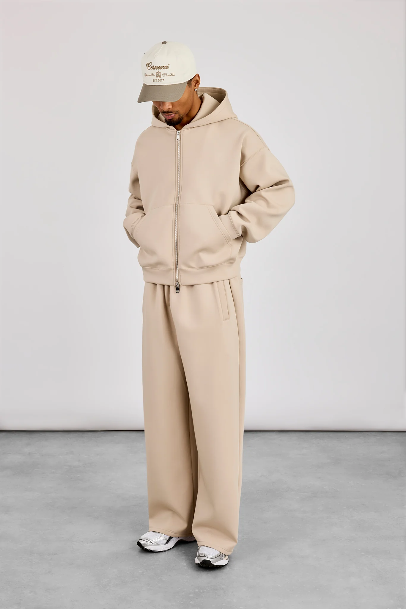 Scuba Zip Through Boxy Hoodie & Baggy Fit Trouser - Stone - Image 3