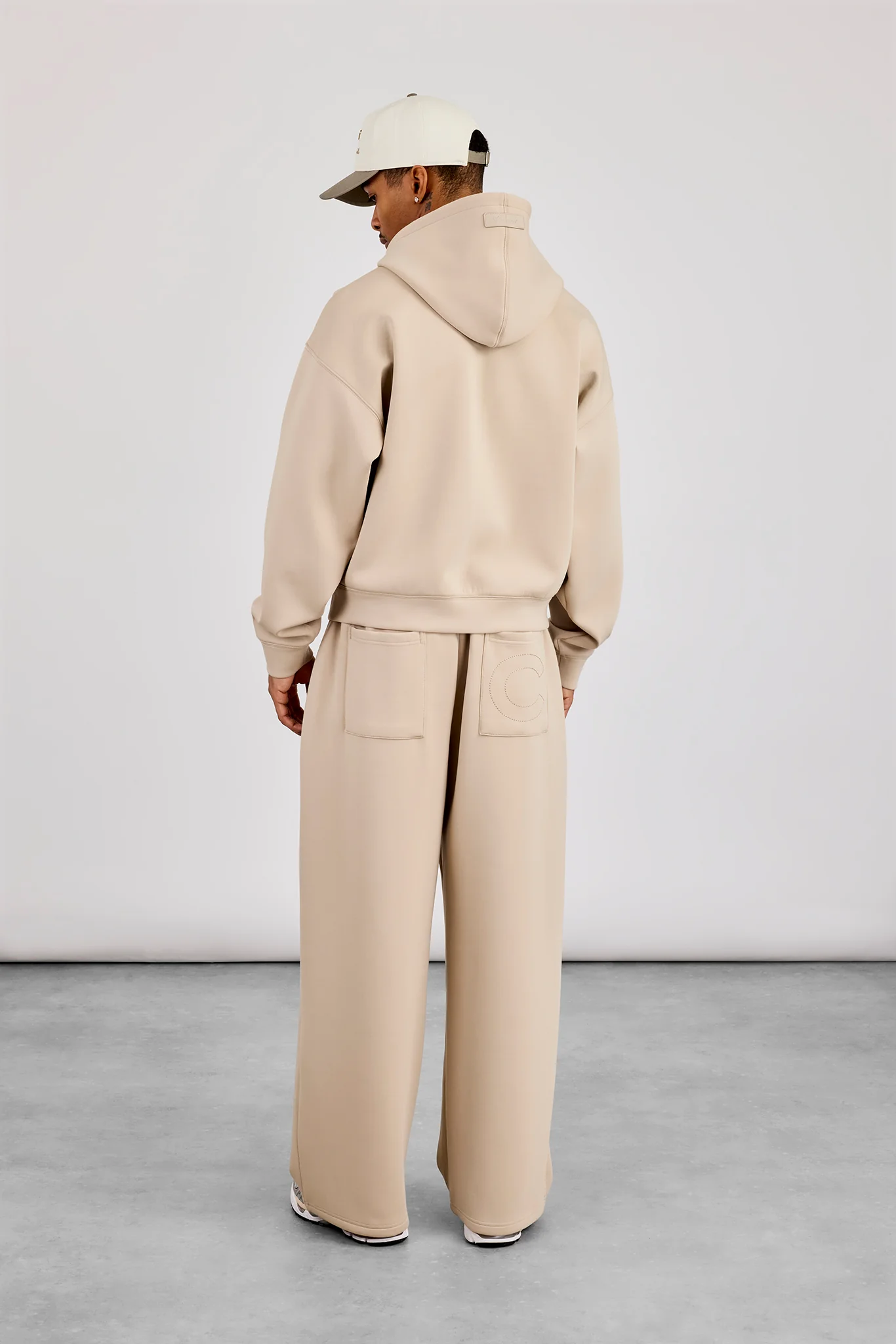 Scuba Zip Through Boxy Hoodie & Baggy Fit Trouser - Stone - Image 4