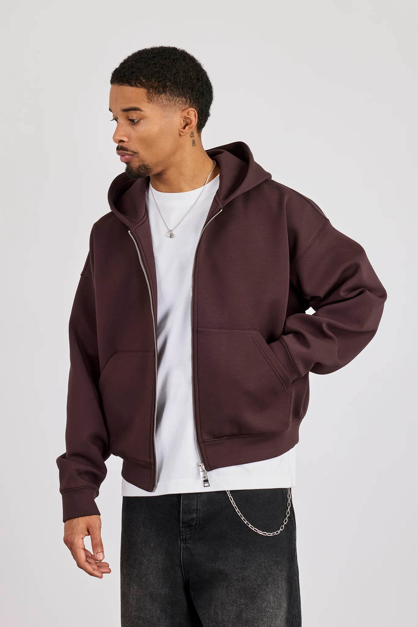 Scuba Zip Through Boxy Hoodie - Dark Brown