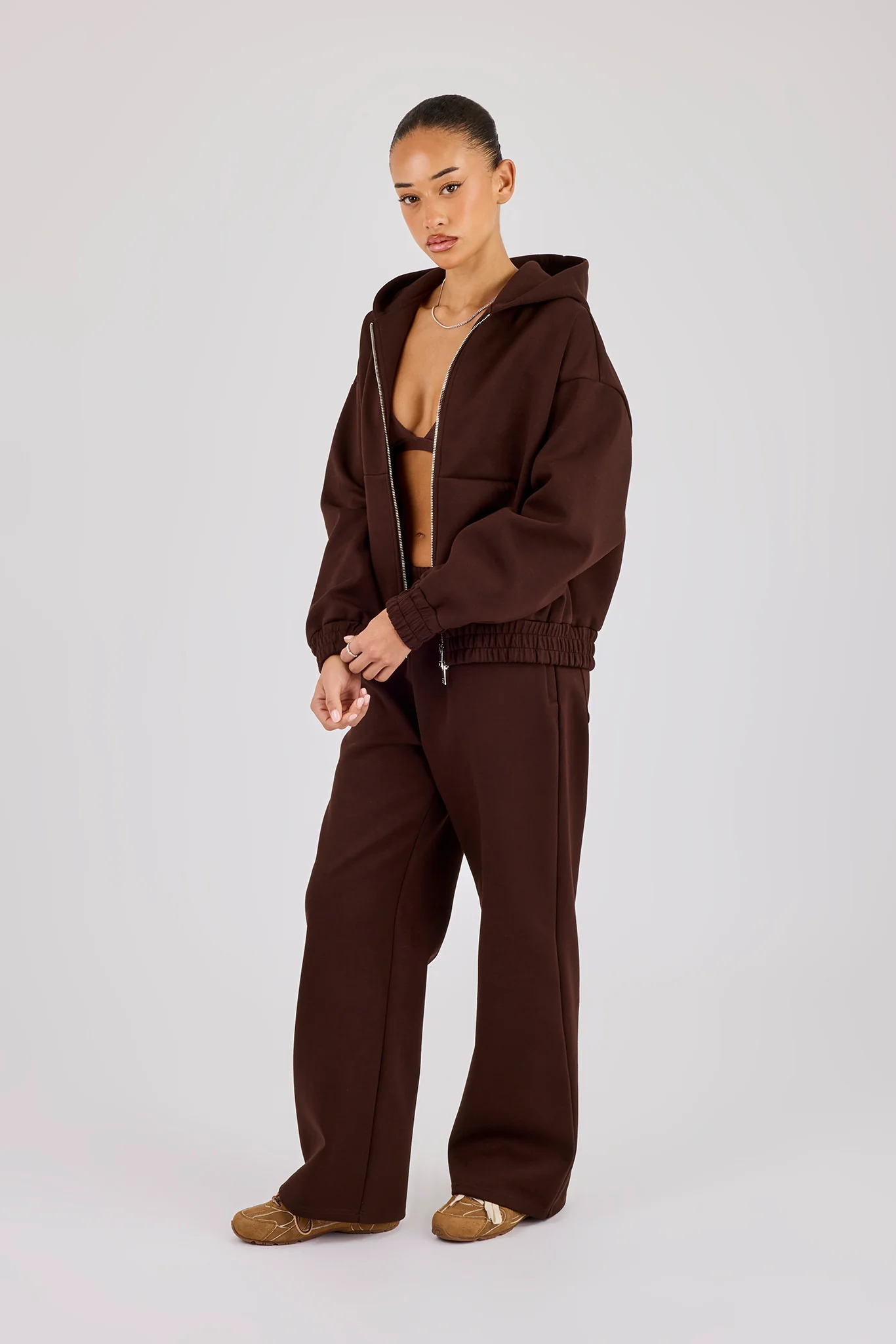 Scuba Zip Through Hoodie & Wide Leg Jogger - Chocolate - Image 2