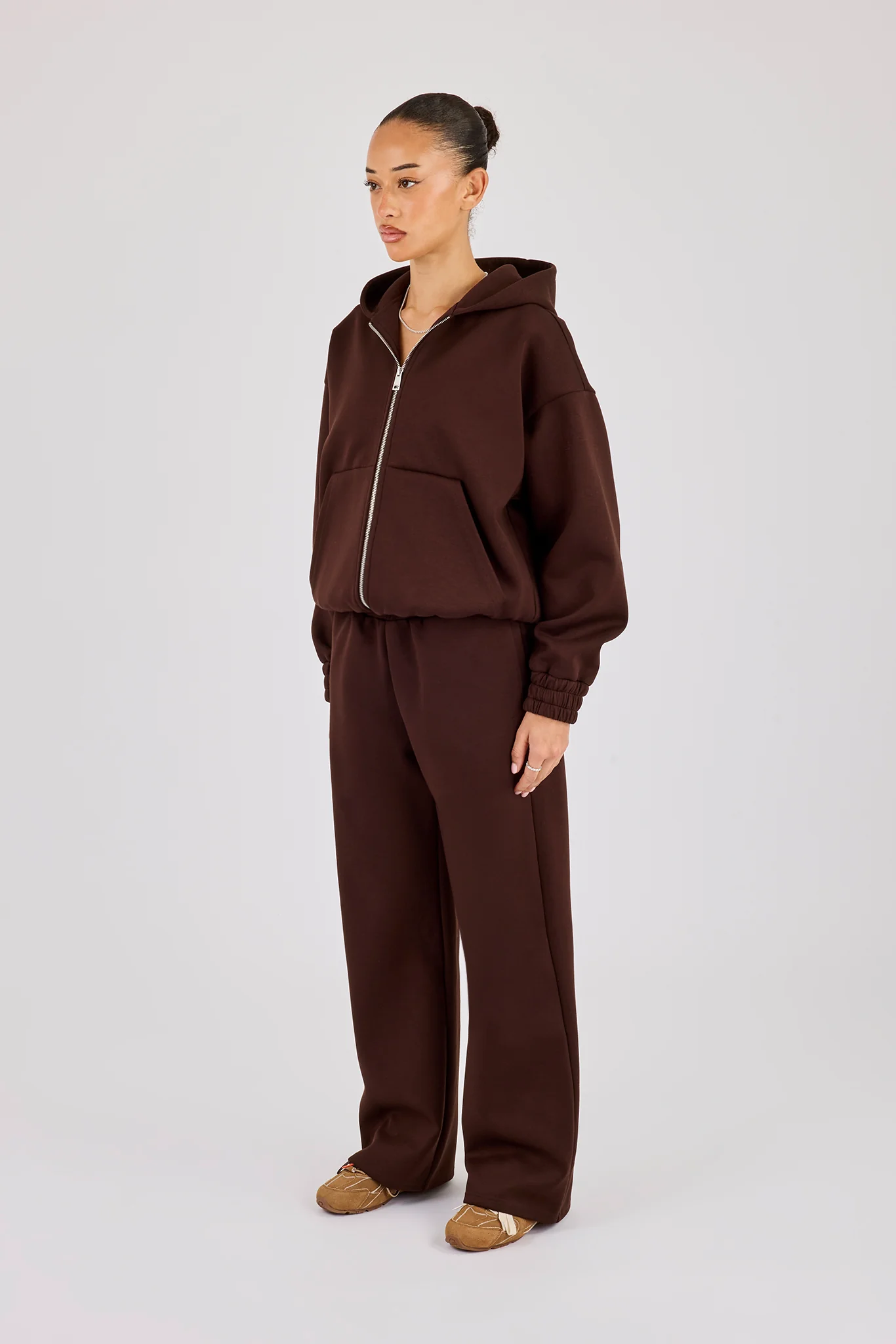 Scuba Zip Through Hoodie & Wide Leg Jogger - Chocolate - Image 3