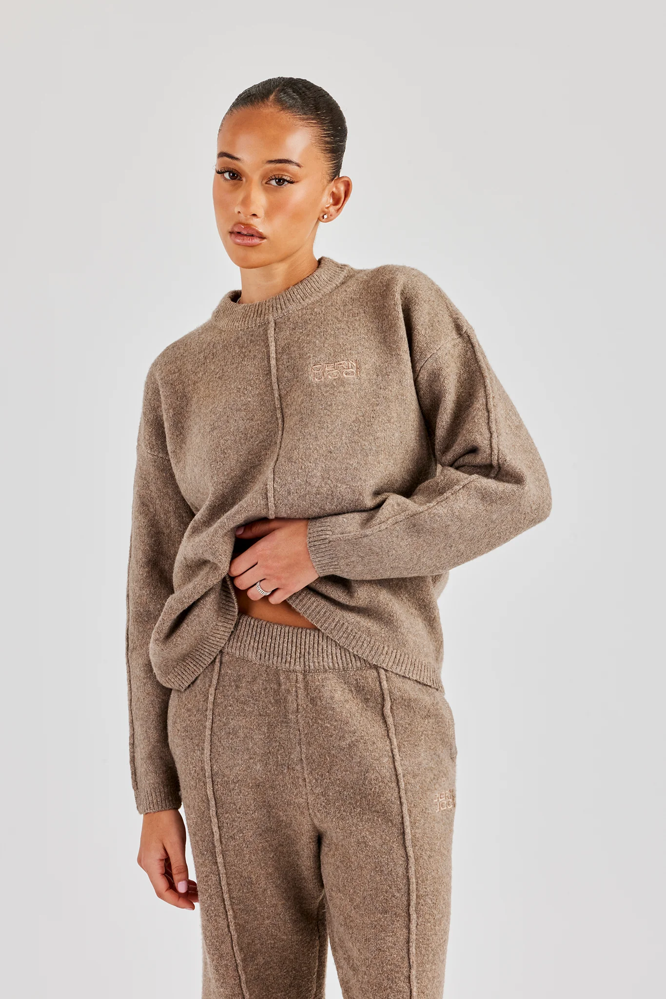 Seam Detail Knitted Sweatshirt & Wide Leg Jogger - Brown - Image 4