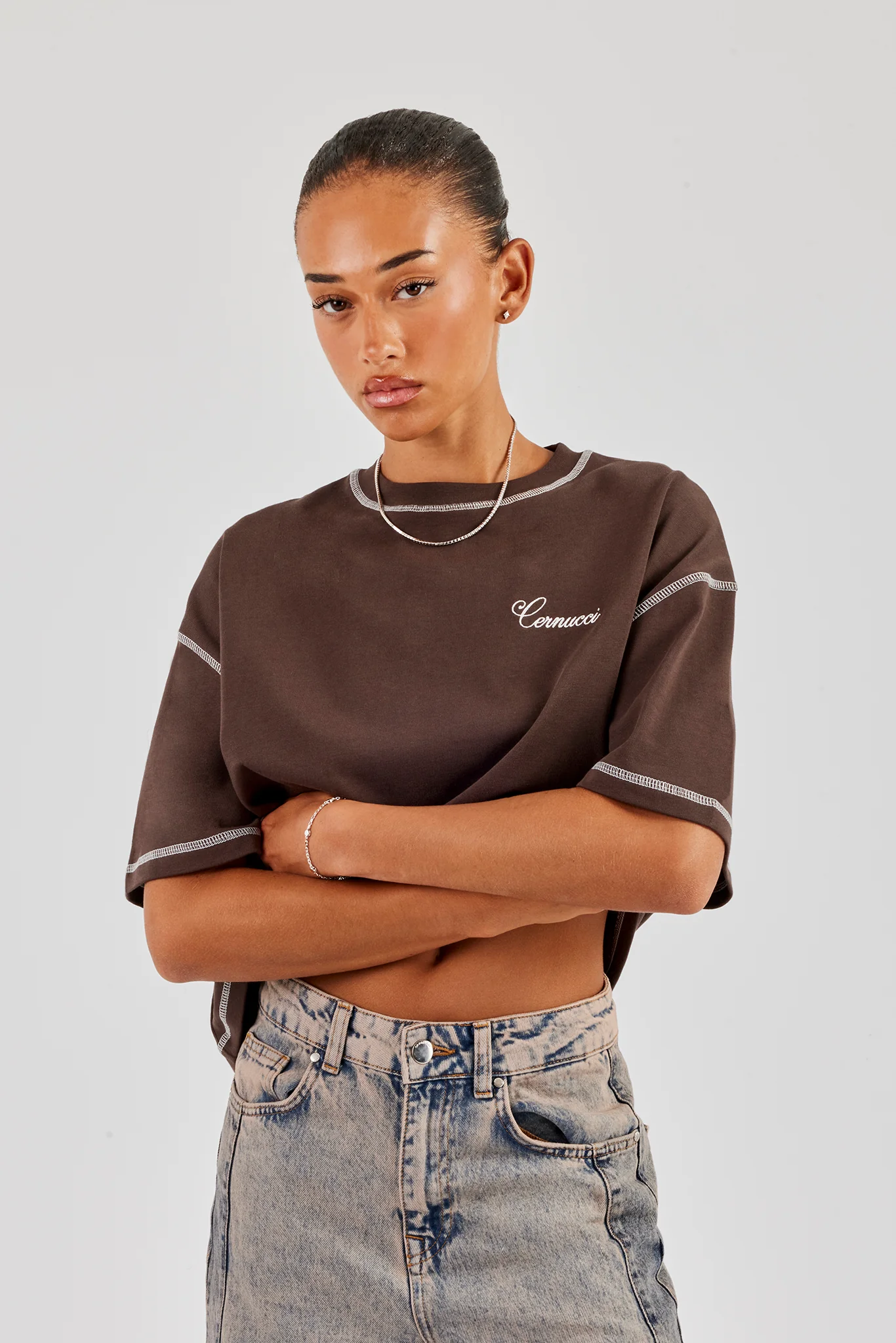 Seasoned Gems Contrast Stitch Oversized T-Shirt - Chocolate - Image 2