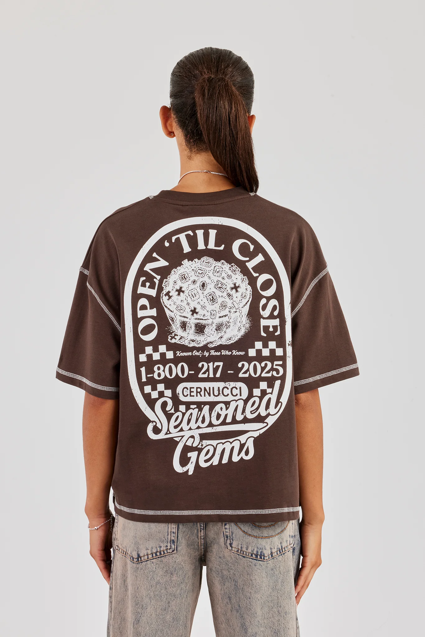 Seasoned Gems Contrast Stitch Oversized T-Shirt - Chocolate - Image 4