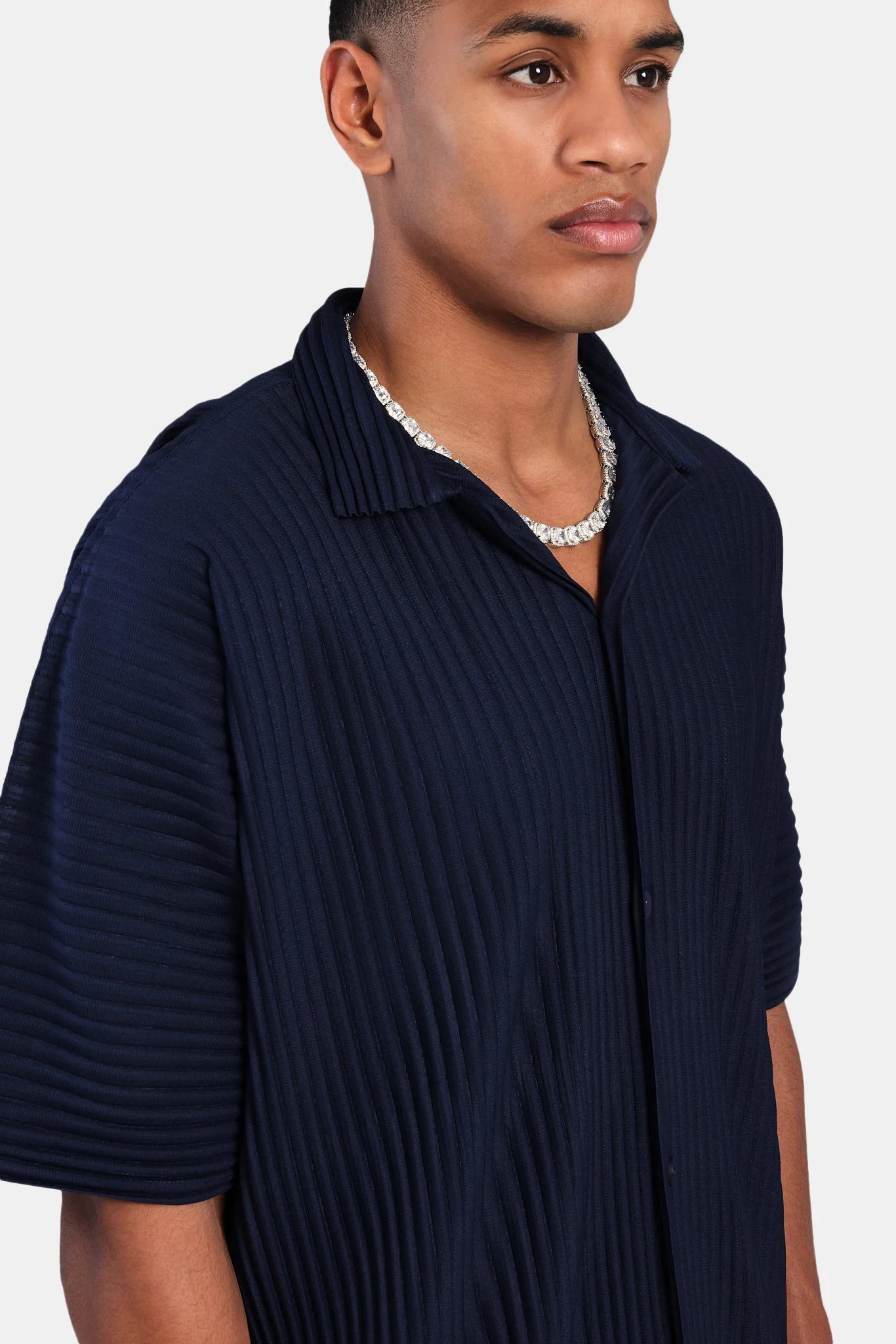 Short Sleeve Pleated Shirt - Navy - Image 3