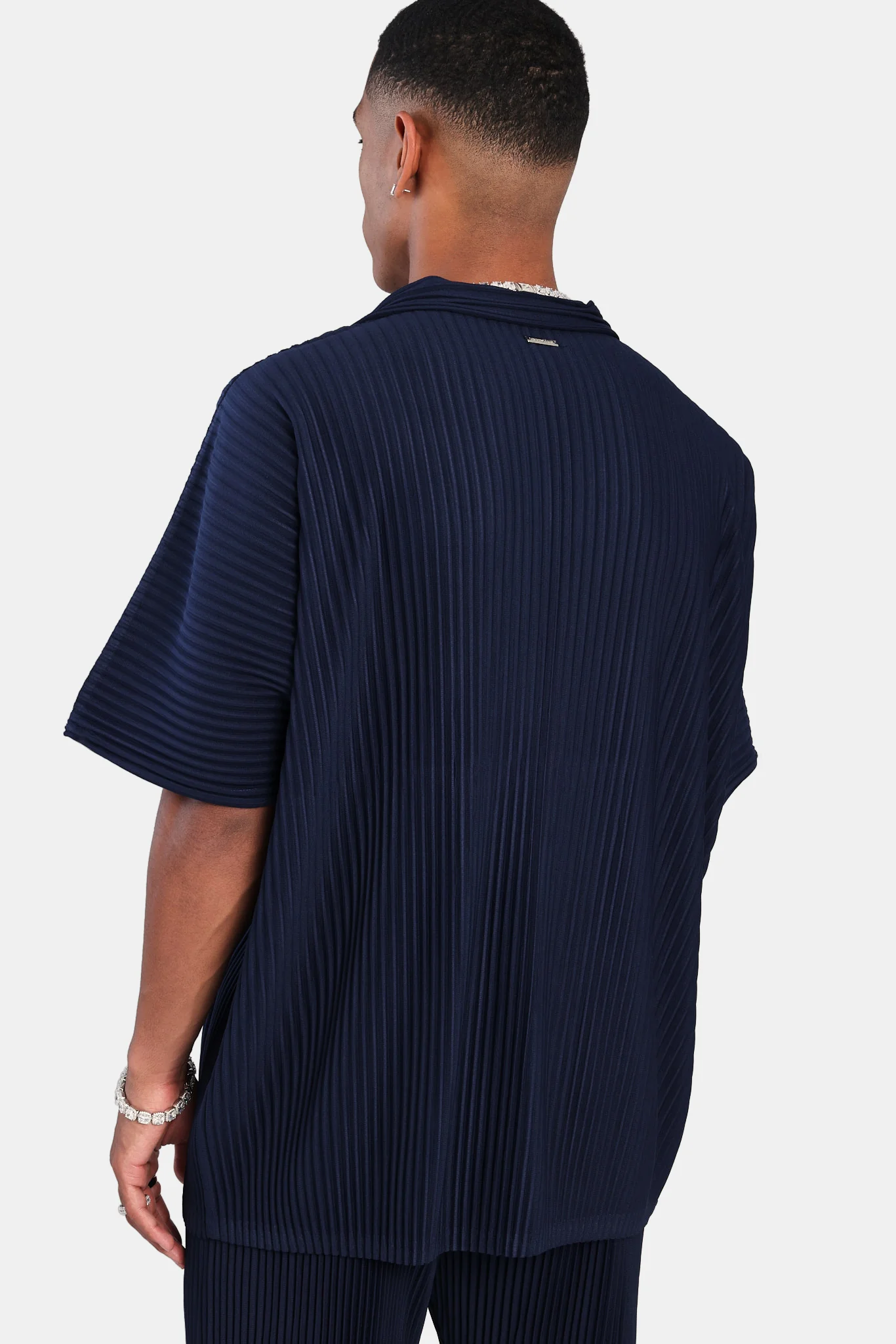 Short Sleeve Pleated Shirt - Navy - Image 4