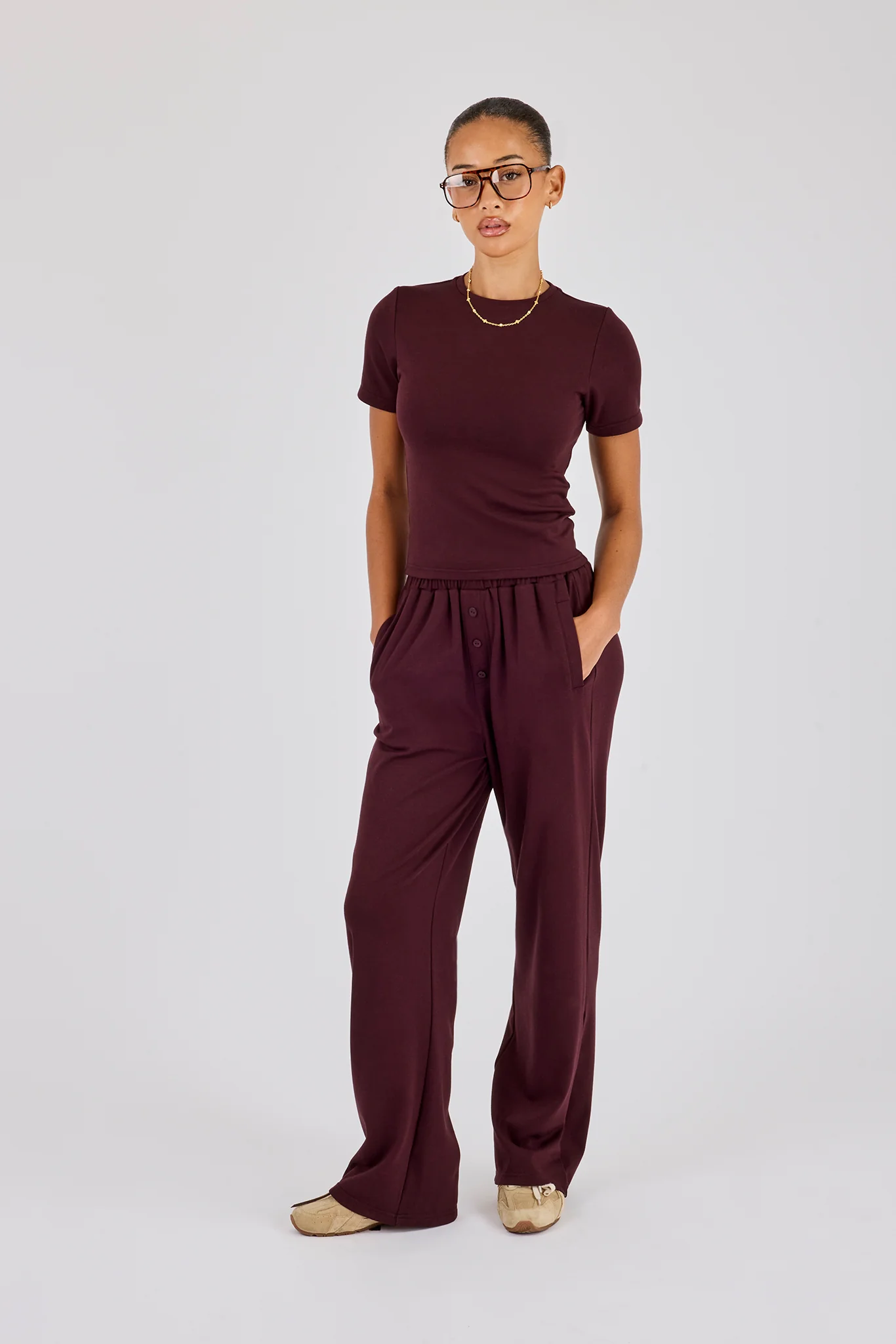 Soft Touch Button Detail Trouser - Burgundy - Image 4