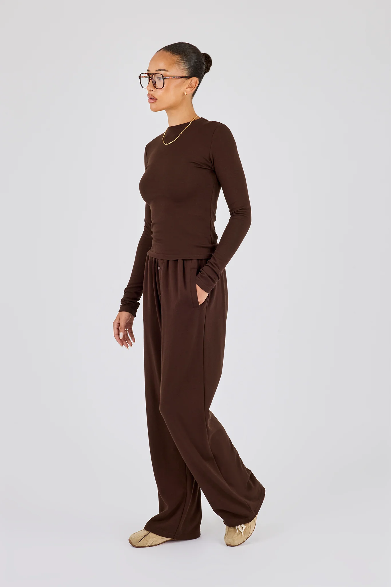Soft Touch Button Detail Trouser - Chocolate - Image 2