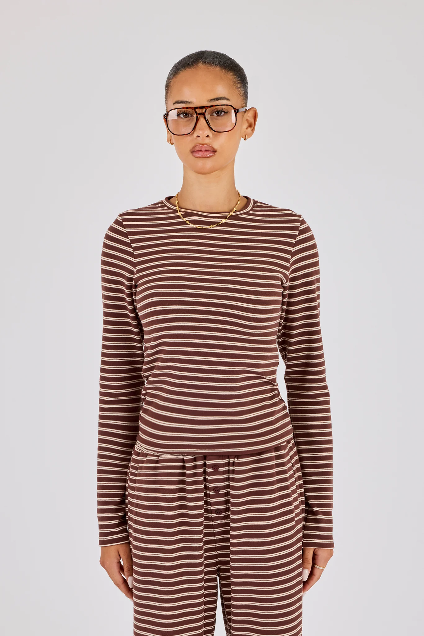 Soft Touch Double Stripe Long Sleeve Top - Chocolate - Image 2