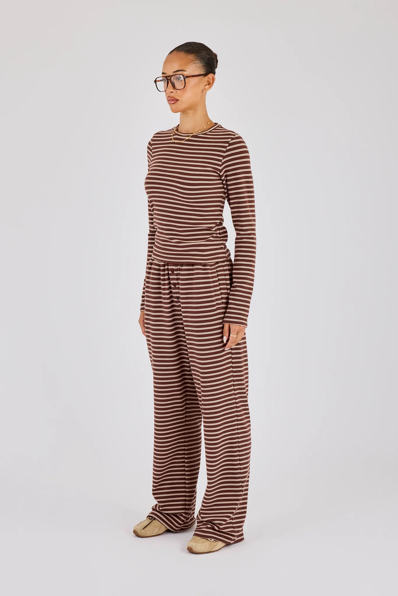 Soft Touch Double Stripe Long Sleeve Top & Wide Leg Trouser - Chocolate - Image 2