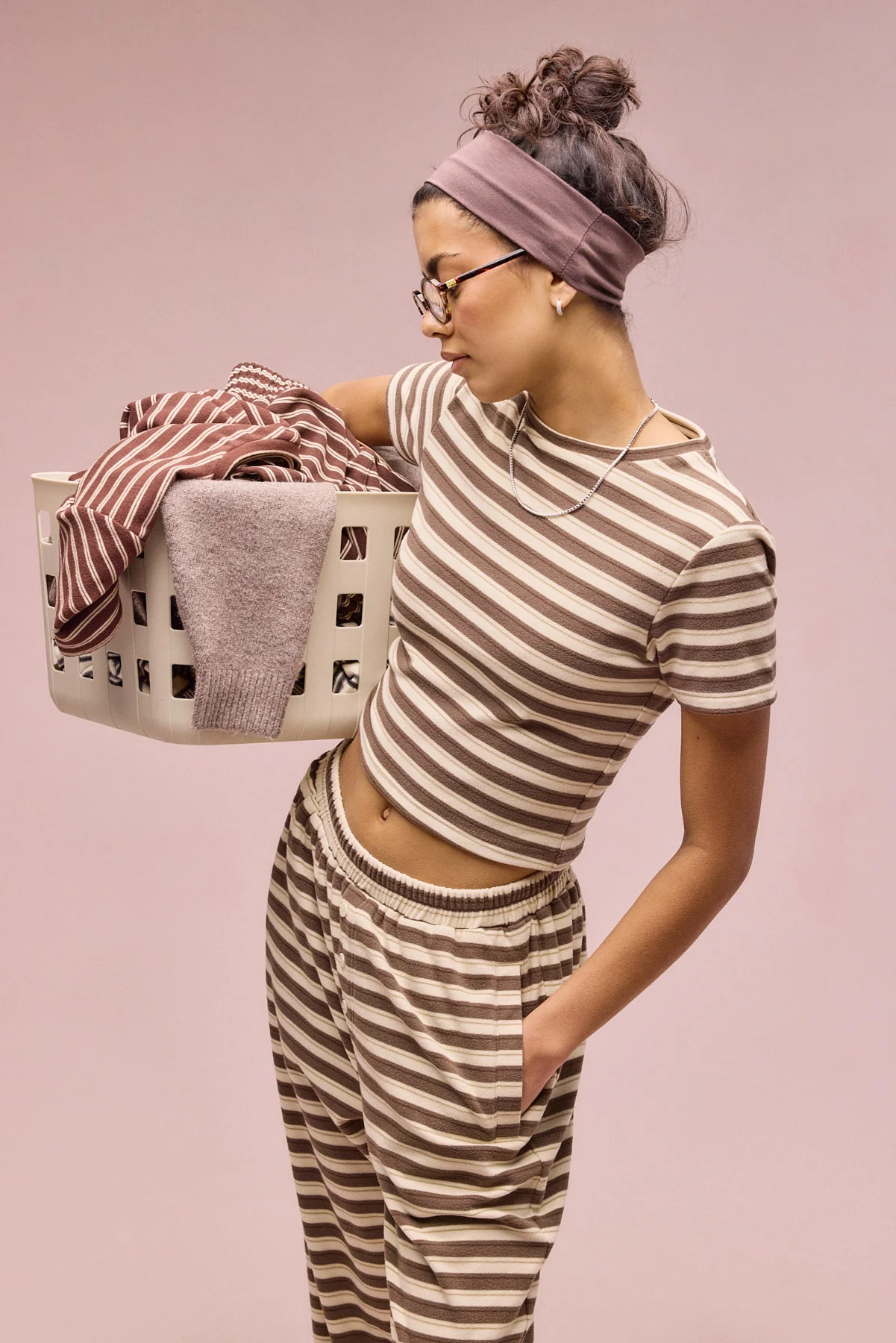 Soft Touch Double Stripe Short Sleeve Top - Beige - Image 2