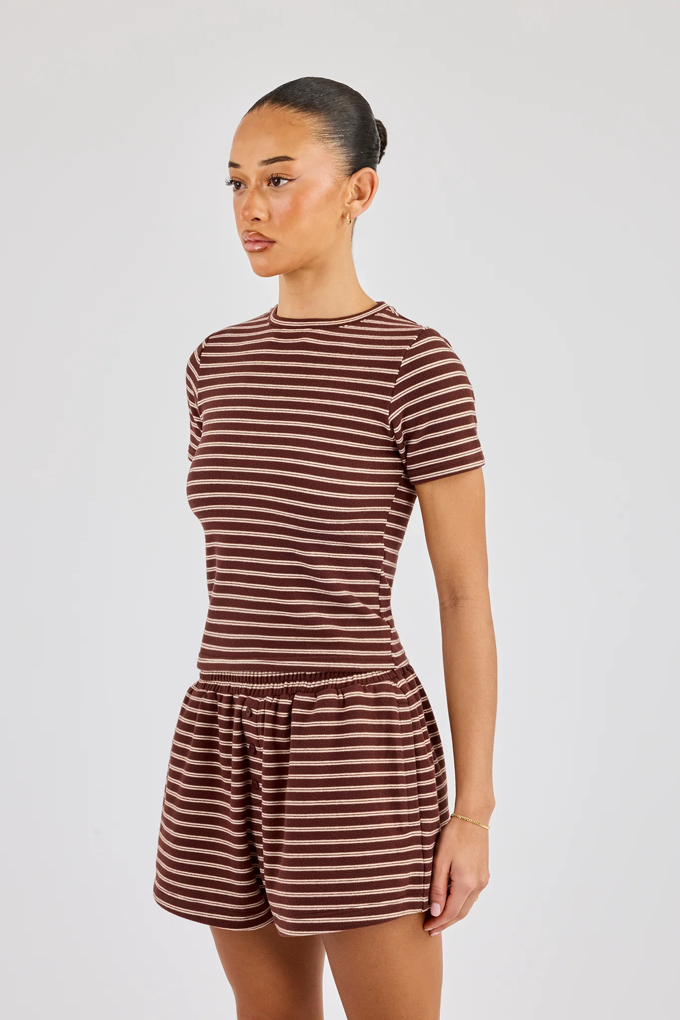 Soft Touch Double Stripe Short Sleeve Top - Chocolate - Image 3
