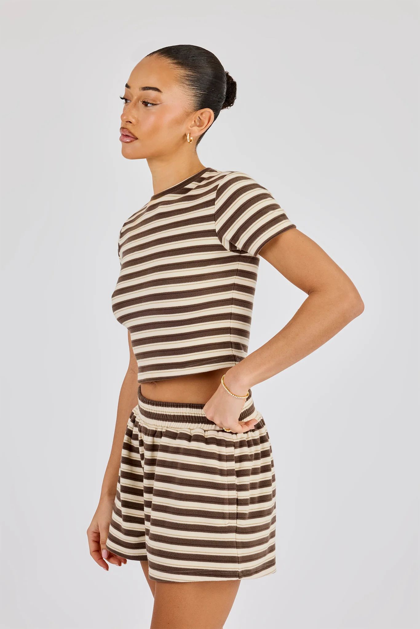 Soft Touch Double Stripe Short Sleeve Top & Short - Beige - Image 3