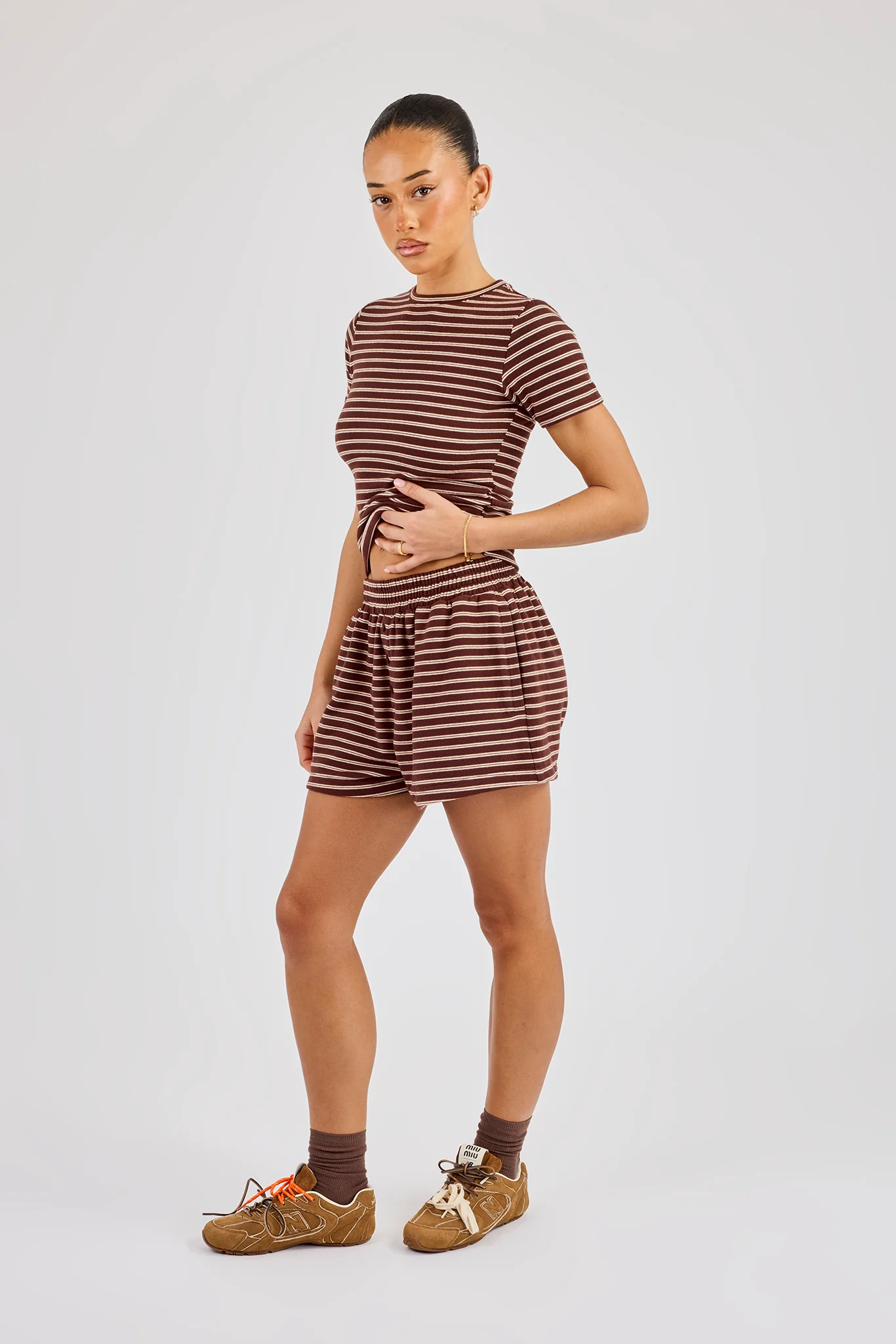 Soft Touch Double Stripe Short Sleeve Top & Short - Chocolate - Image 3