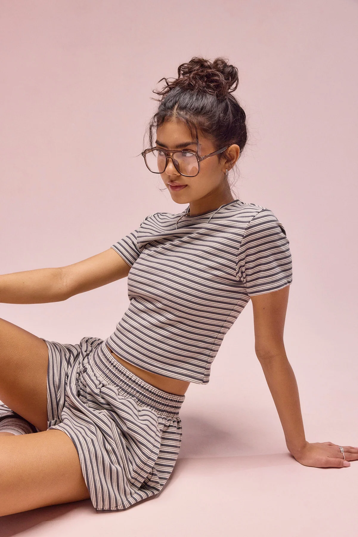 Soft Touch Double Stripe Short Sleeve Top & Short - Grey - Image 2