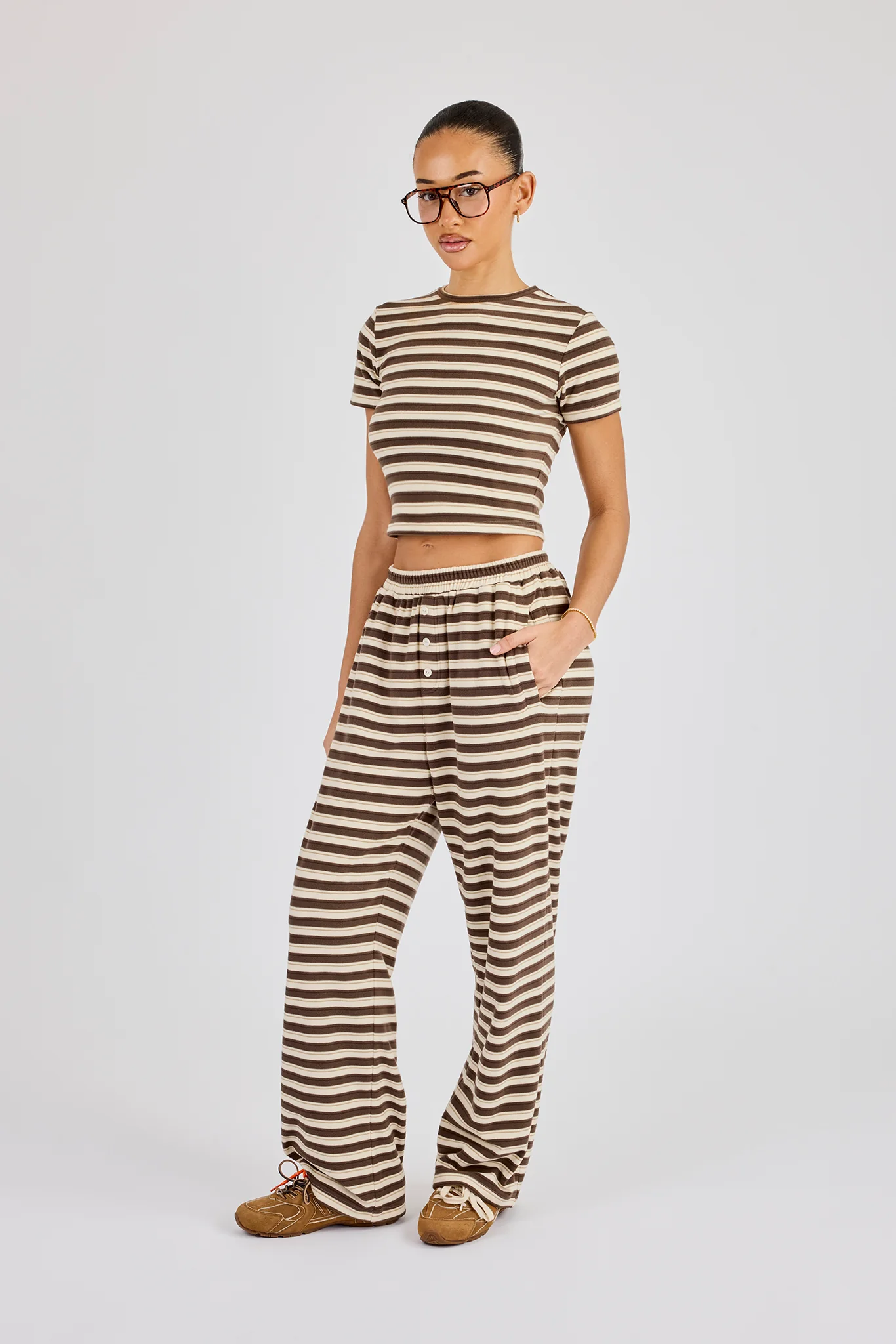 Soft Touch Double Stripe Short Sleeve Top & Trouser - Beige