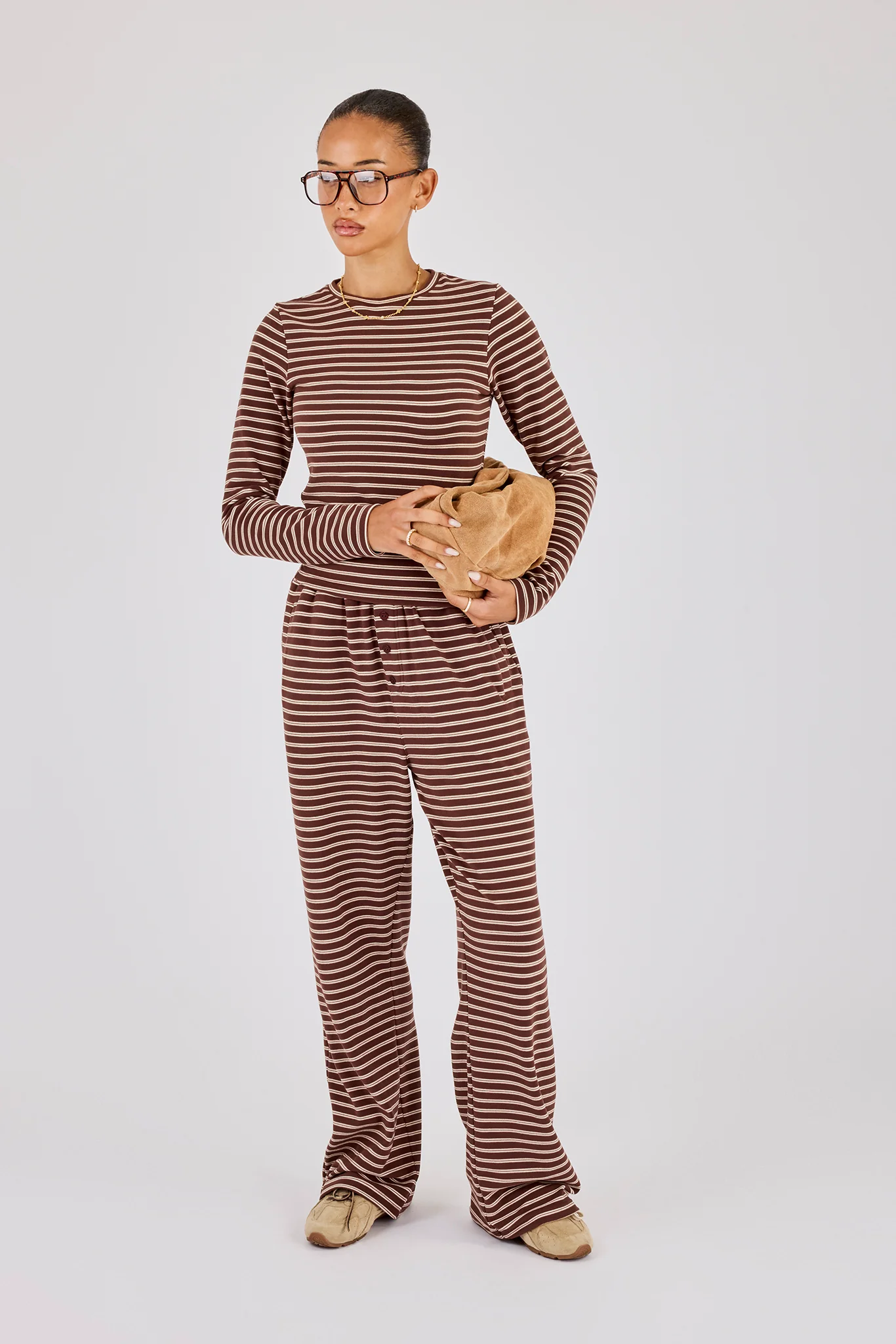 Soft Touch Double Stripe Wide Leg Trouser - Chocolate - Image 4