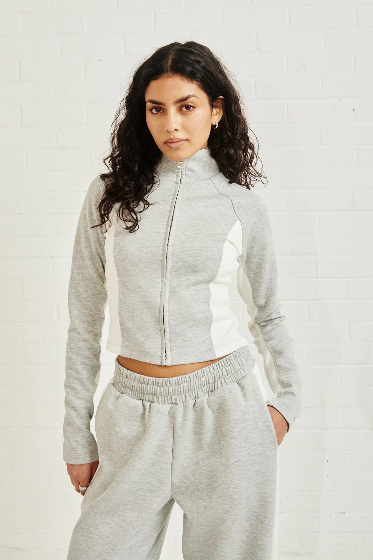 Soft Touch Panelled Fitted Funnel Neck - Grey - Image 2