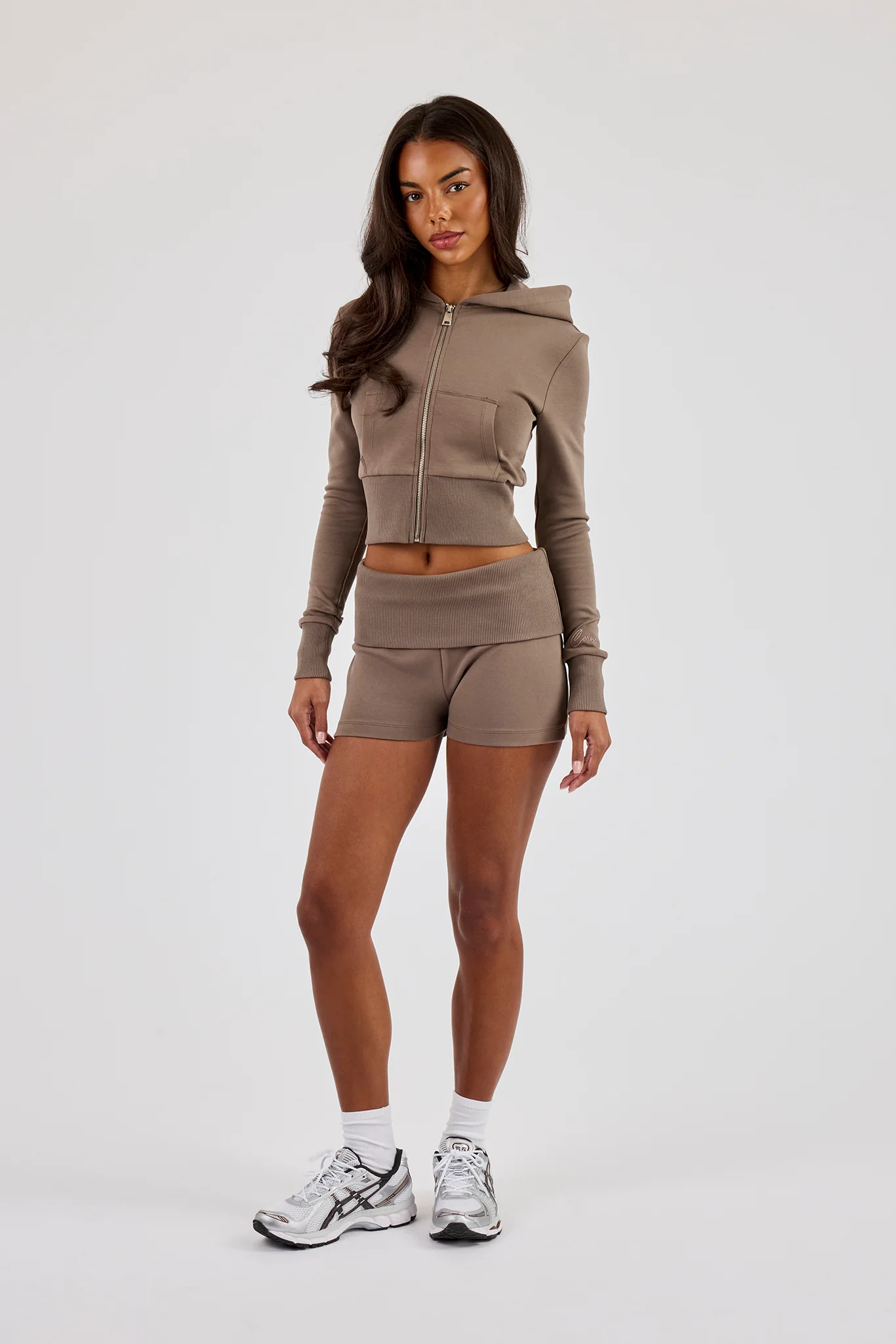 Soft Touch Rib Contrast Fitted Zip Through & Folder Over Waist Short  - Taupe